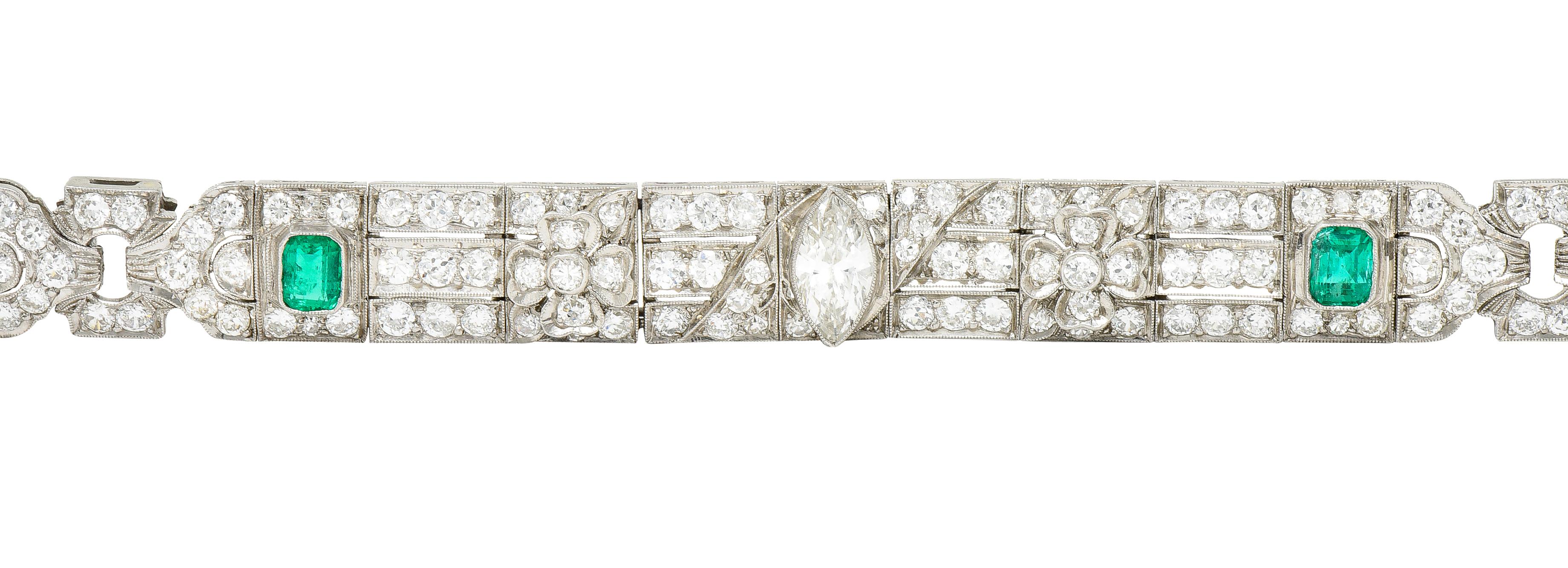 Art Deco 9.25 Carats Emerald Diamond Platinum Clover Link Bracelet 1