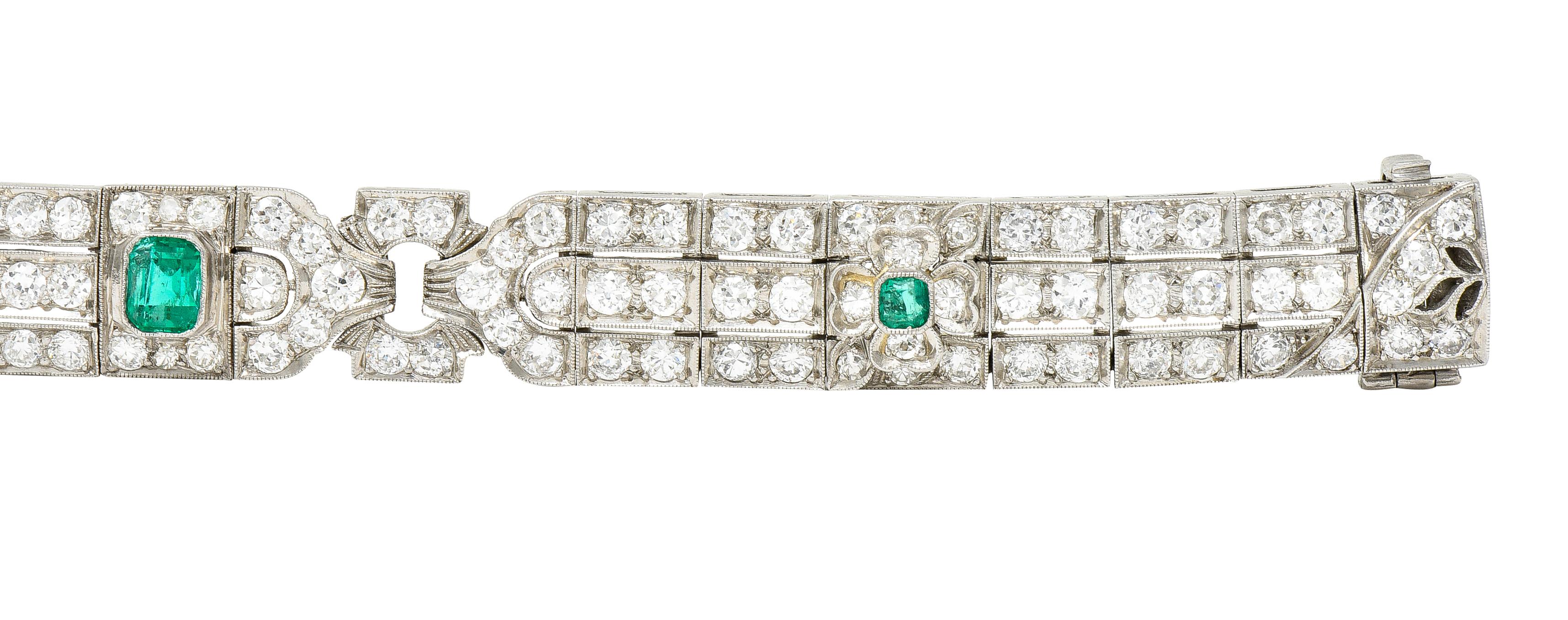Art Deco 9.25 Carats Emerald Diamond Platinum Clover Link Bracelet 2