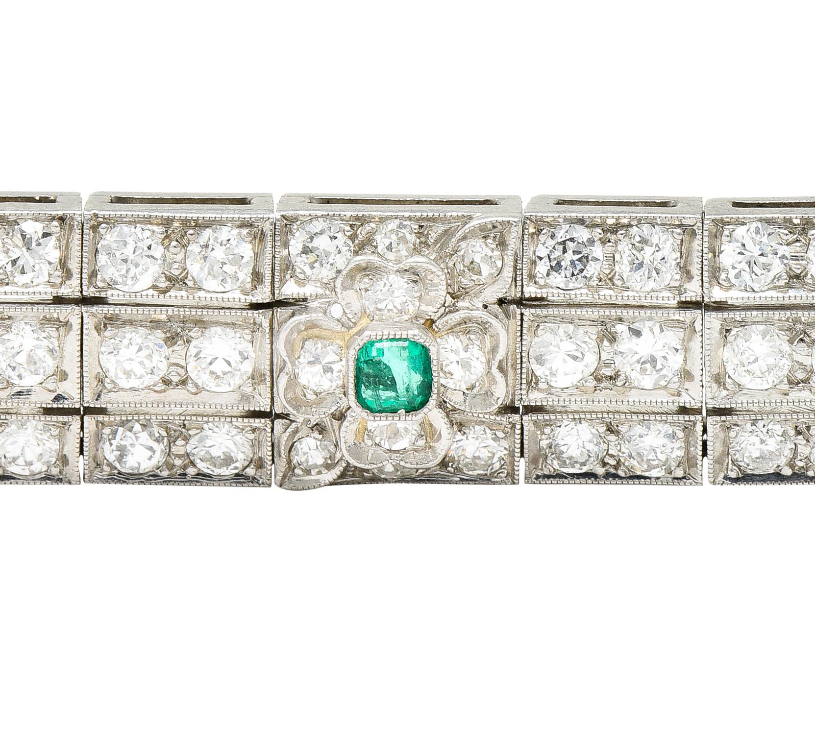 Art Deco 9.25 Carats Emerald Diamond Platinum Clover Link Bracelet 4