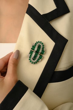 Art Deco 925 Sterling Silver Emerald Green & Clear CZ Brooch Clip by Silvorra