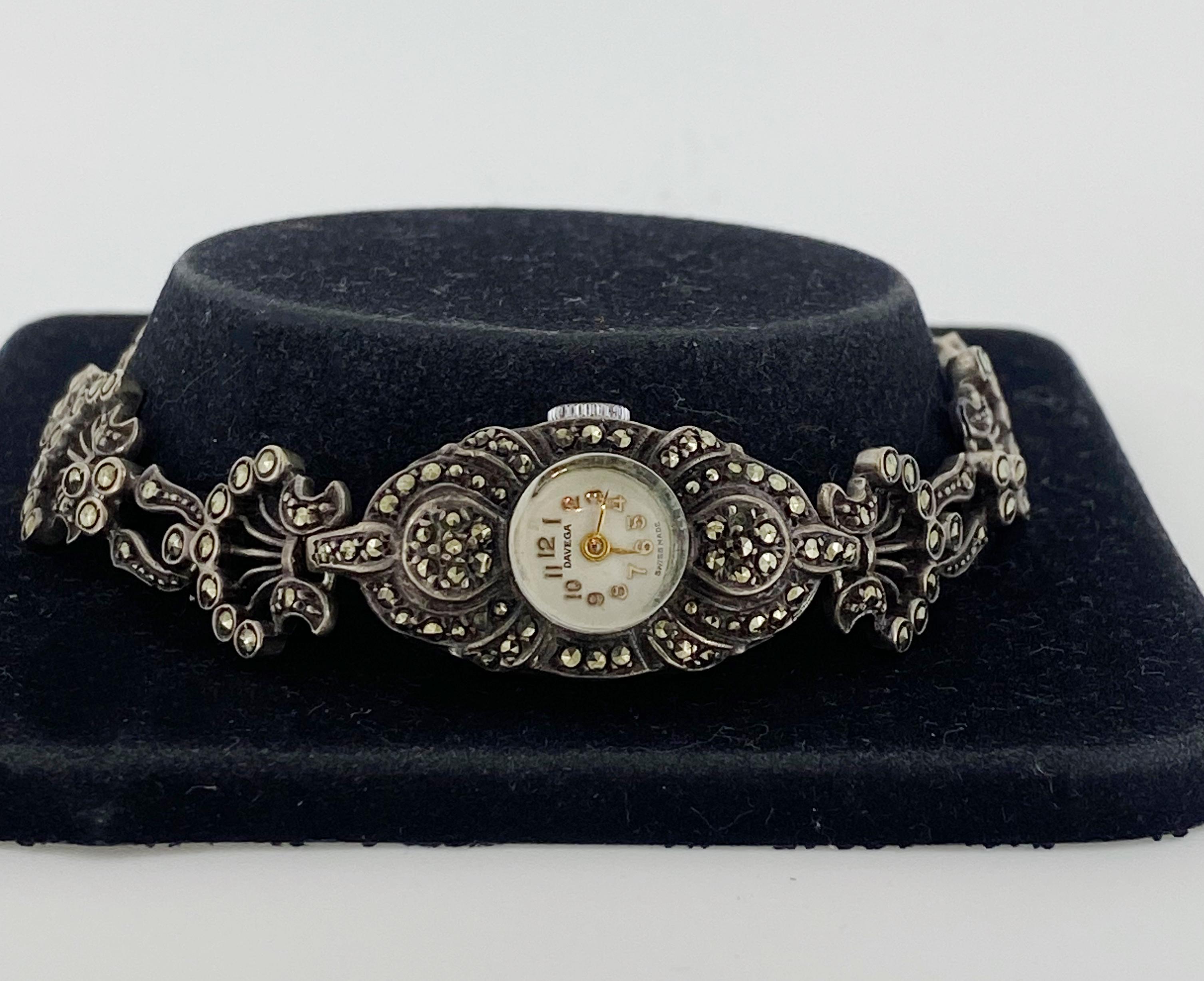 Round Cut Art-Deco 925 Sterling Silver & Marcasite Swiss Ladies’ Cocktail Watch by Davega. For Sale