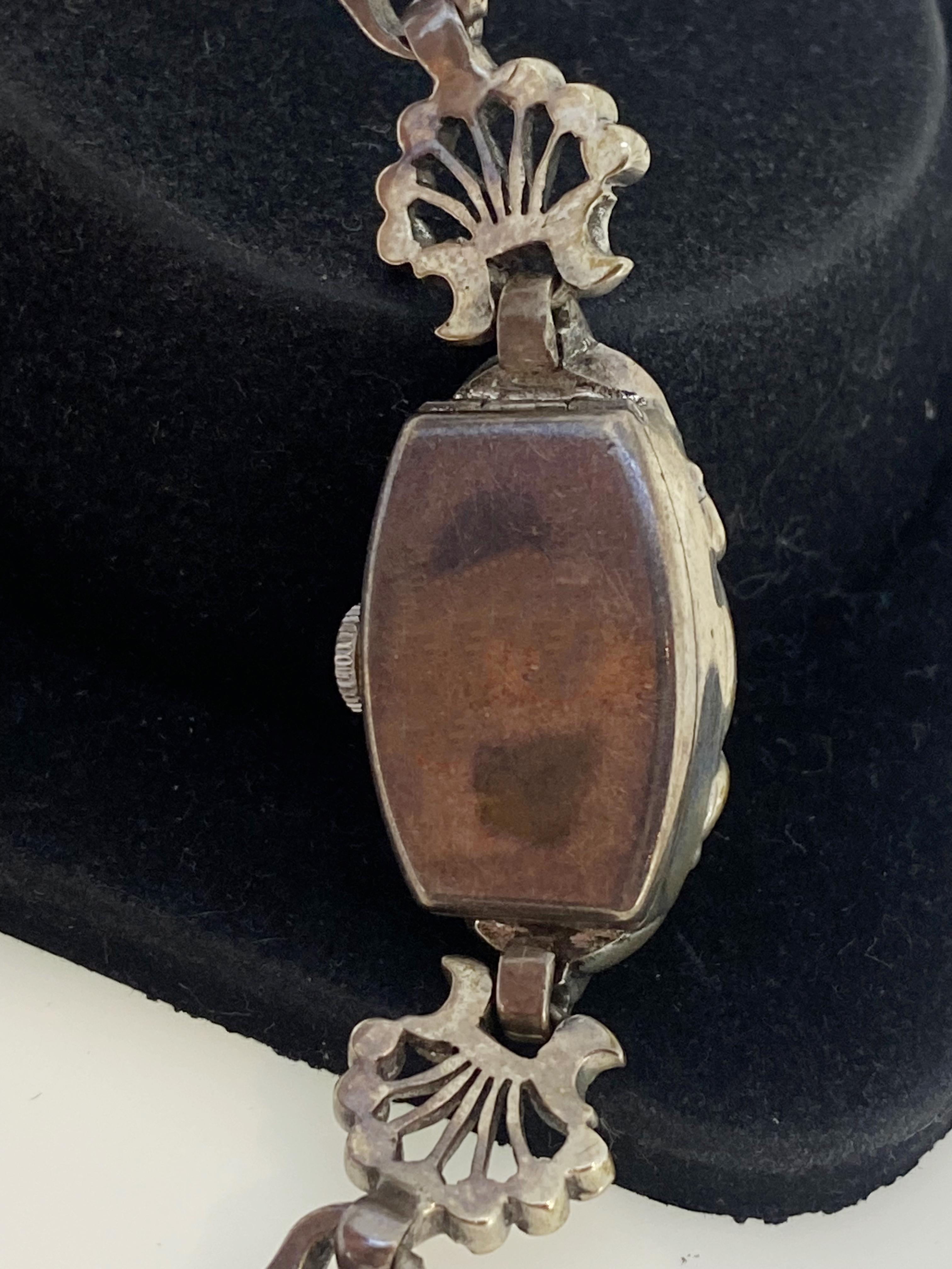 Art-Deco 925 Sterling Silver & Marcasite Swiss Ladies’ Cocktail Watch by Davega. In Excellent Condition For Sale In MELBOURNE, AU