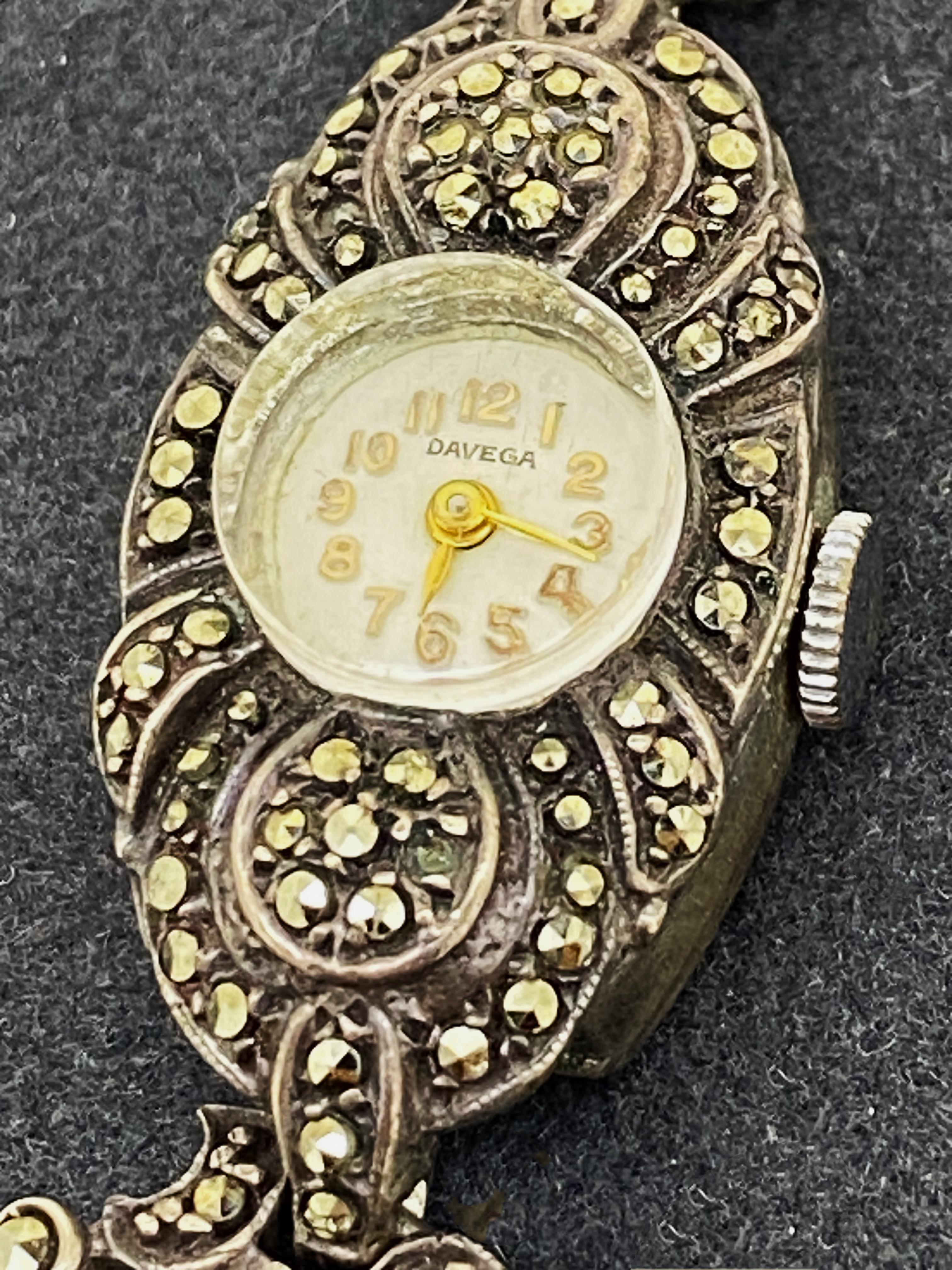 Women's Art-Deco 925 Sterling Silver & Marcasite Swiss Ladies’ Cocktail Watch by Davega. For Sale