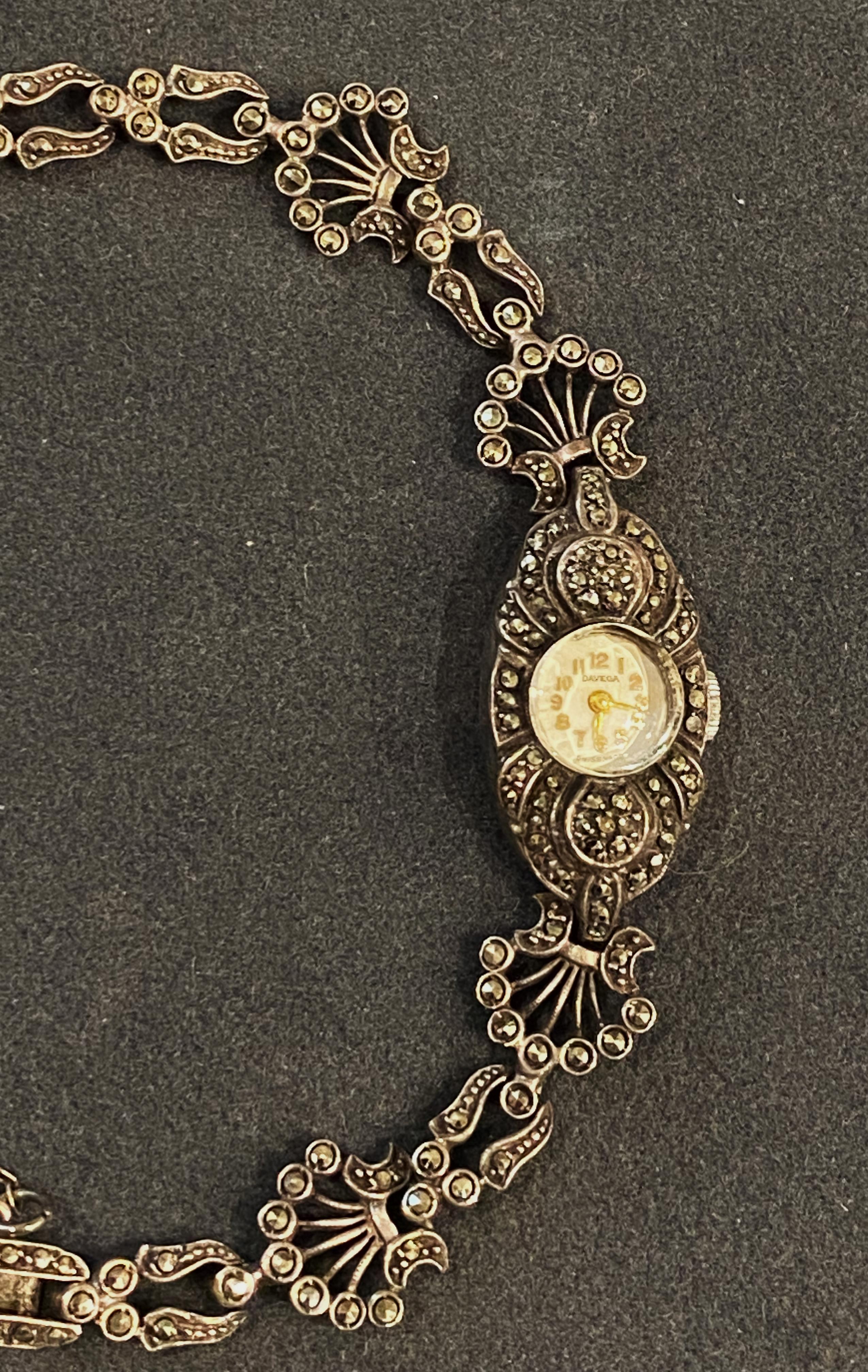 Art-Deco 925 Sterling Silver & Marcasite Swiss Ladies’ Cocktail Watch by Davega. For Sale 1