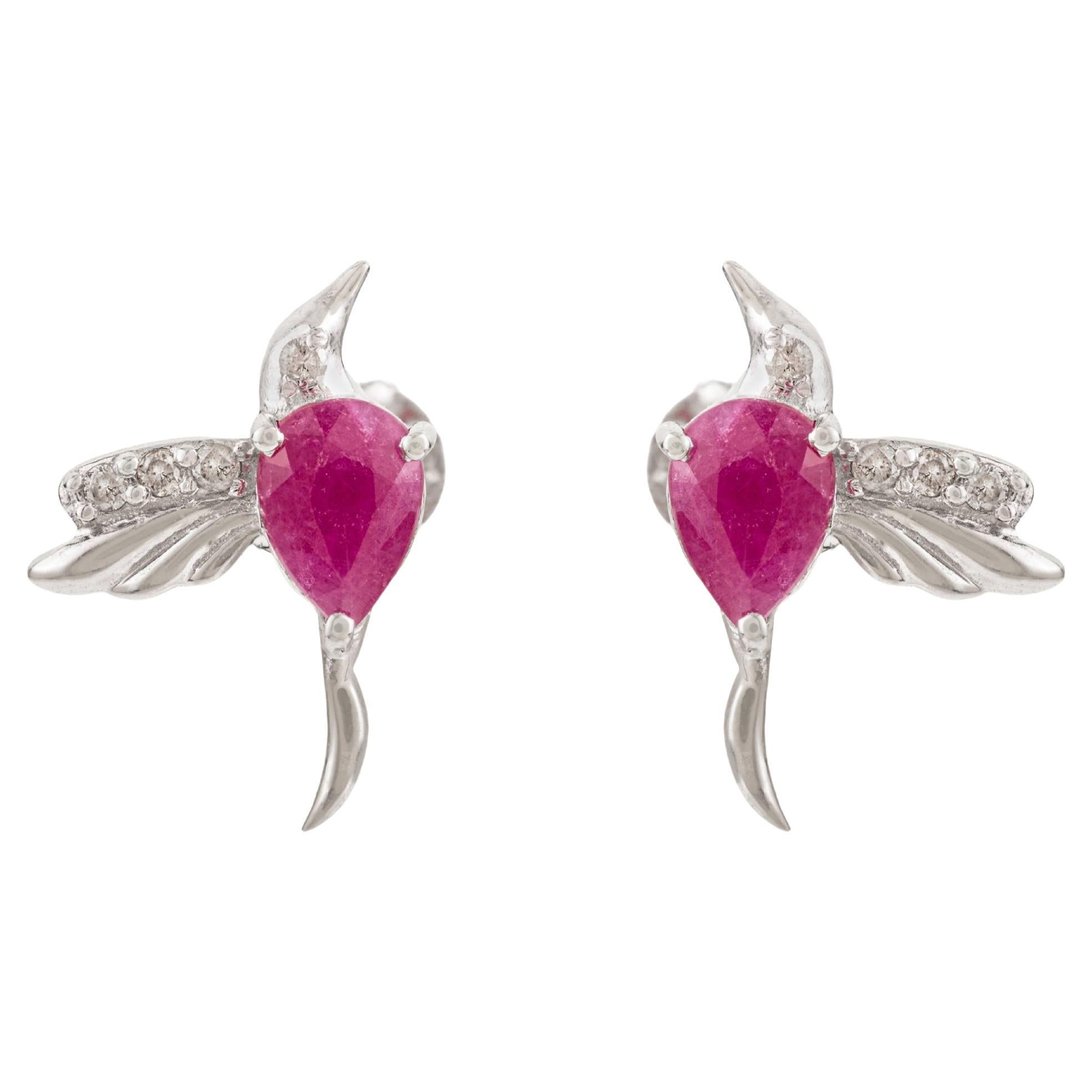 Art Deco 925 Sterling Silver Ruby 
Diamond Hummingbird Stud Earrings For Sale