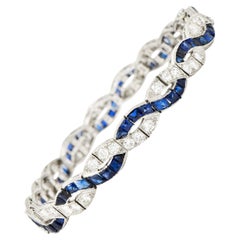 Art Deco 9.27 Carats French Cut Sapphire Diamond Platinum Braided Ribbon Gemston