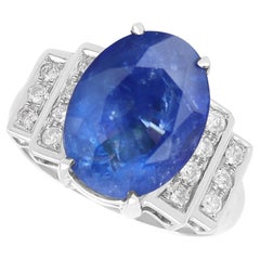 Art Deco 9.28 Carat Ceylon Sapphire and 0.30 Carat Diamond 18k White Gold Ring