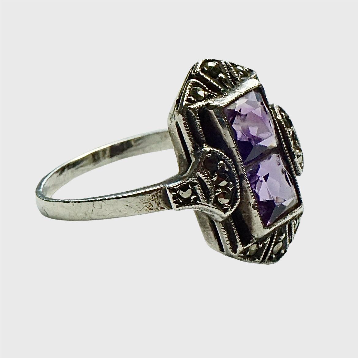 Round Cut Art Deco 935 Silver Marcasite and Faux Amethyst Ring circa 1930s For Sale