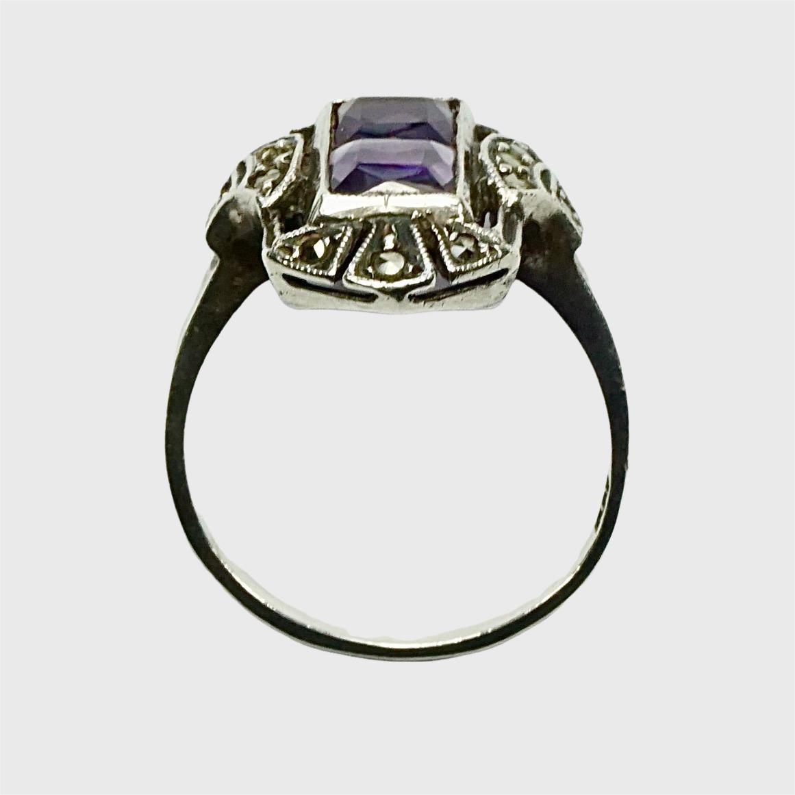 Art Deco 935 Silver Marcasite and Faux Amethyst Ring circa 1930s In Good Condition For Sale In London, GB