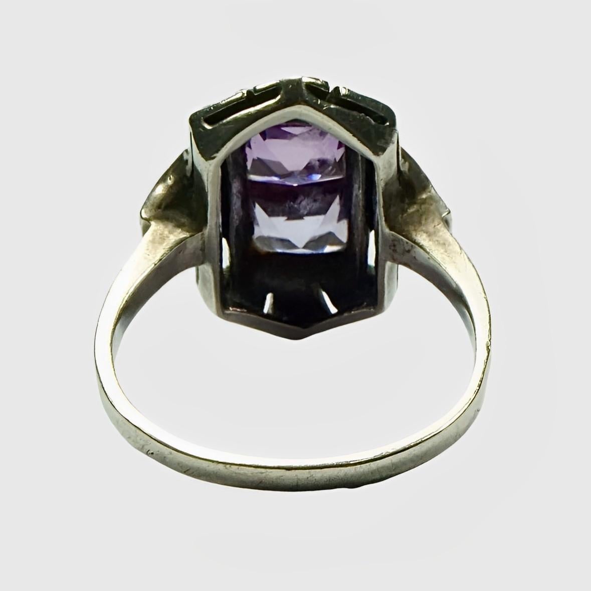 Women's or Men's Art Deco 935 Silver Marcasite and Faux Amethyst Ring circa 1930s For Sale