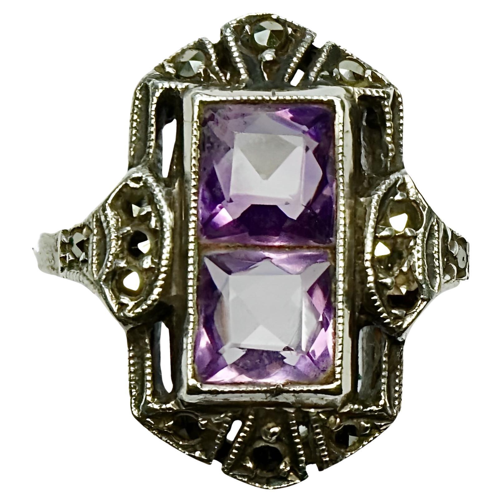 Art Deco 935 Silver Marcasite and Faux Amethyst Ring circa 1930s For Sale