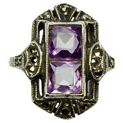Art Deco 935 Silver Marcasite and Faux Amethyst Ring circa 1930s