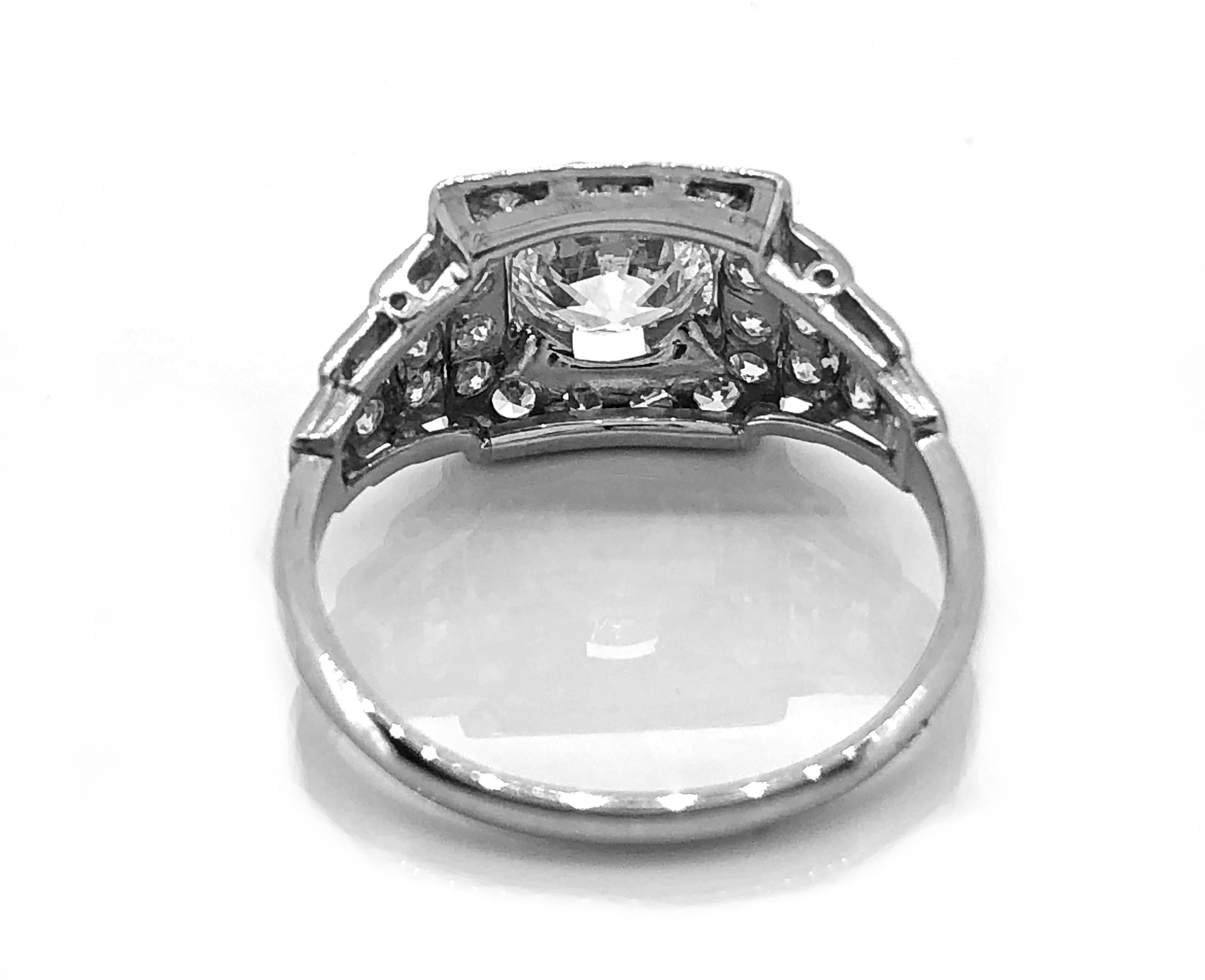 Old European Cut Art Deco .94 Carat Diamond Platinum Engagement Ring  For Sale