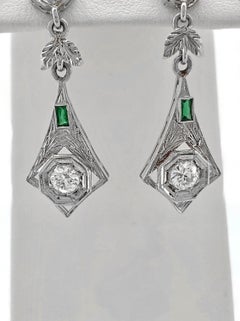 Art Deco .95 Carat T.W. Diamond and Emerald Antique Dangle Earrings 18K White