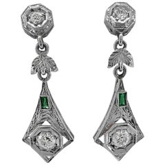 Art Deco .95 Carat T.W. Diamond and Emerald Antique Dangle Earrings 18K White
