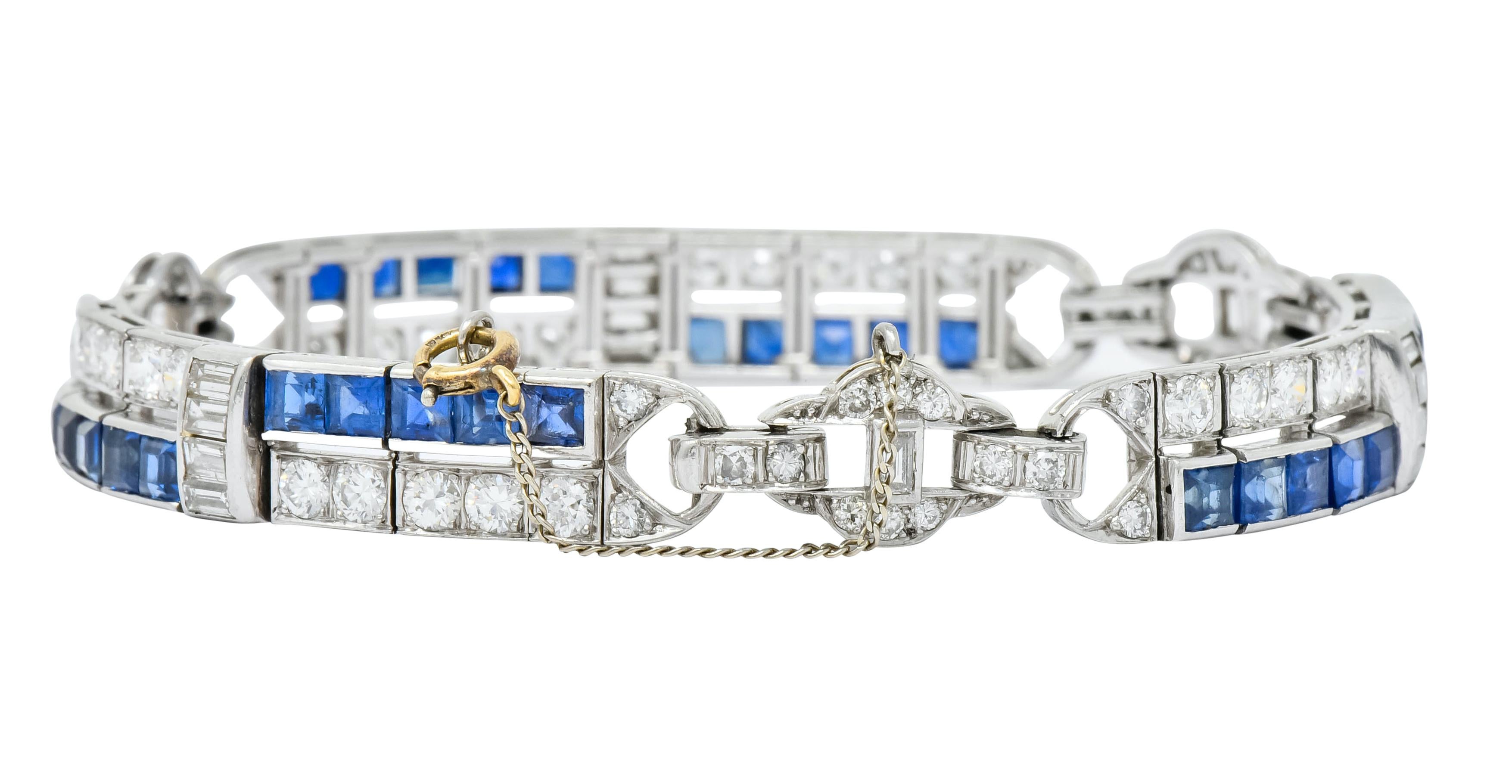 Art Deco 9.50 Carat Diamond Sapphire Platinum Geometric Linked Line Bracelet 5