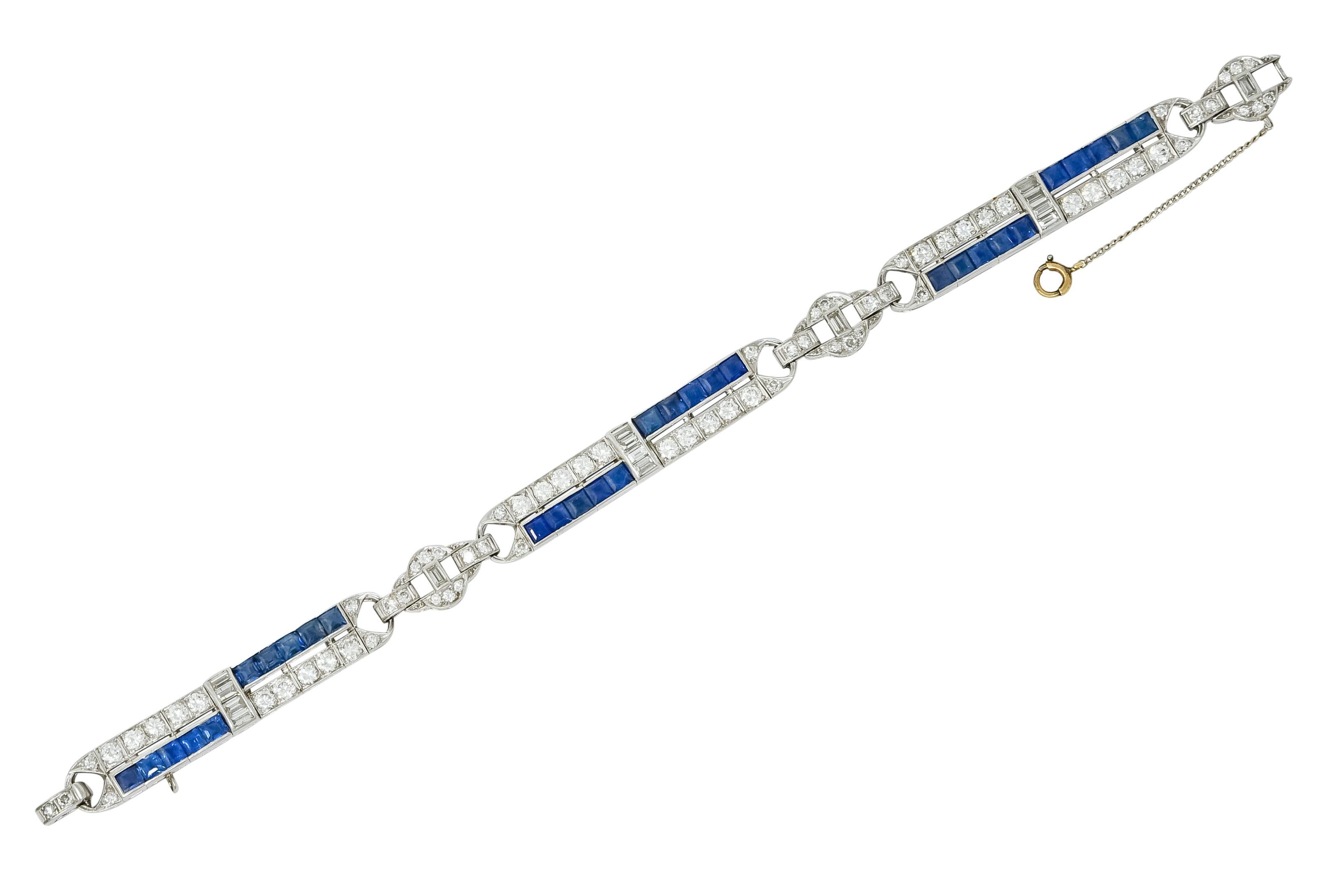 Art Deco 9.50 Carat Diamond Sapphire Platinum Geometric Linked Line Bracelet 7