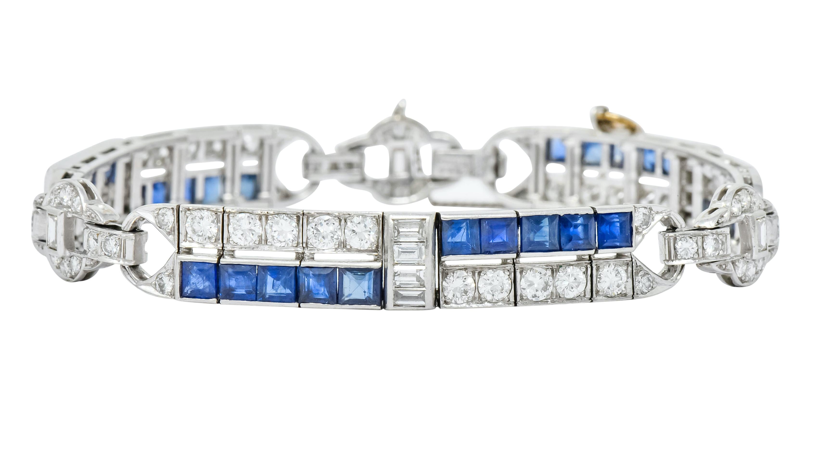Link style bracelet designed as square form links set in a double row, channel set and bead set with diamonds and sapphires

Round brilliant cut and baguette cut diamonds throughout, weighing 5.10 carats are F to G in color and VS
