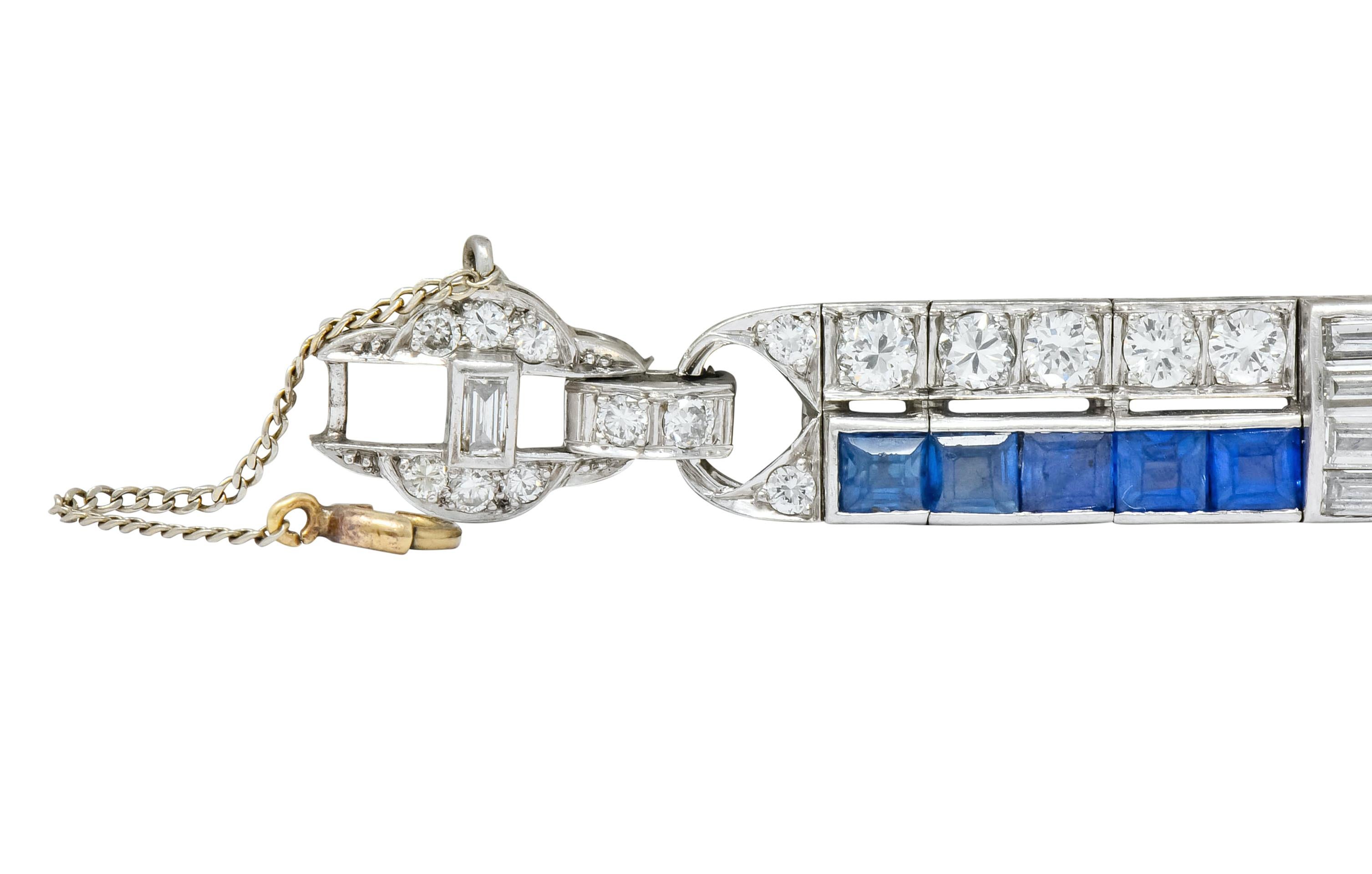 Baguette Cut Art Deco 9.50 Carat Diamond Sapphire Platinum Geometric Linked Line Bracelet