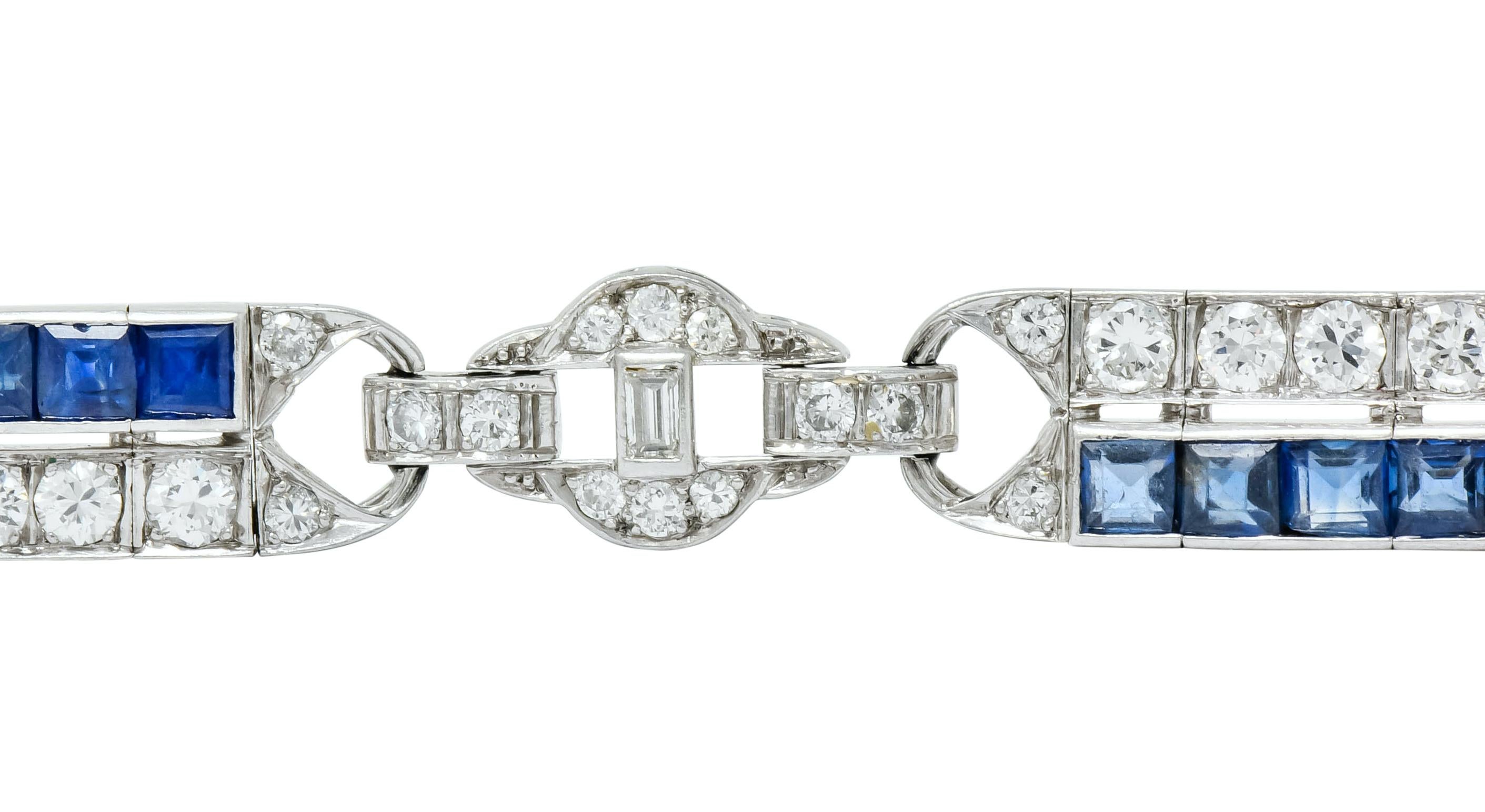 Art Deco 9.50 Carat Diamond Sapphire Platinum Geometric Linked Line Bracelet In Excellent Condition In Philadelphia, PA