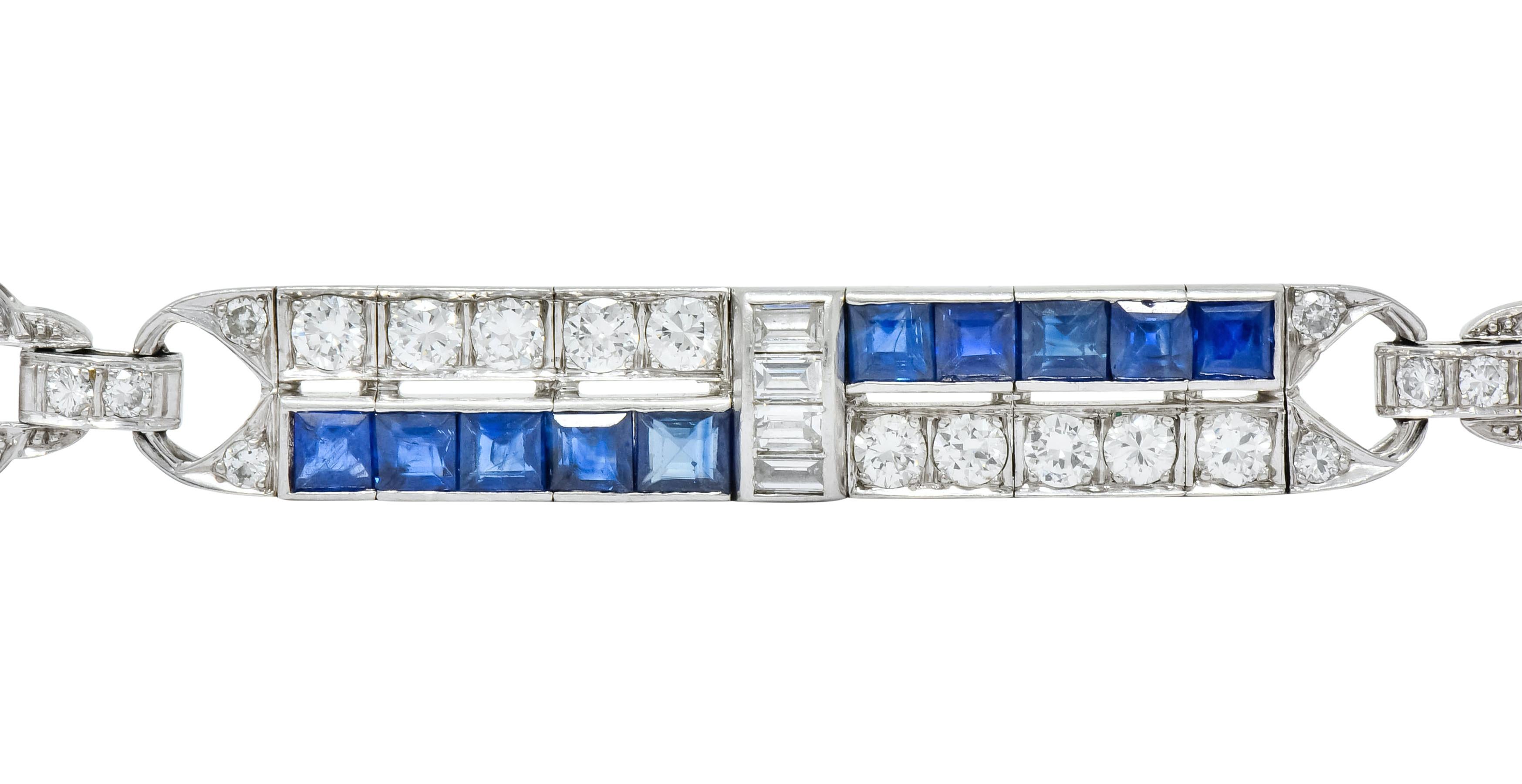 Women's or Men's Art Deco 9.50 Carat Diamond Sapphire Platinum Geometric Linked Line Bracelet