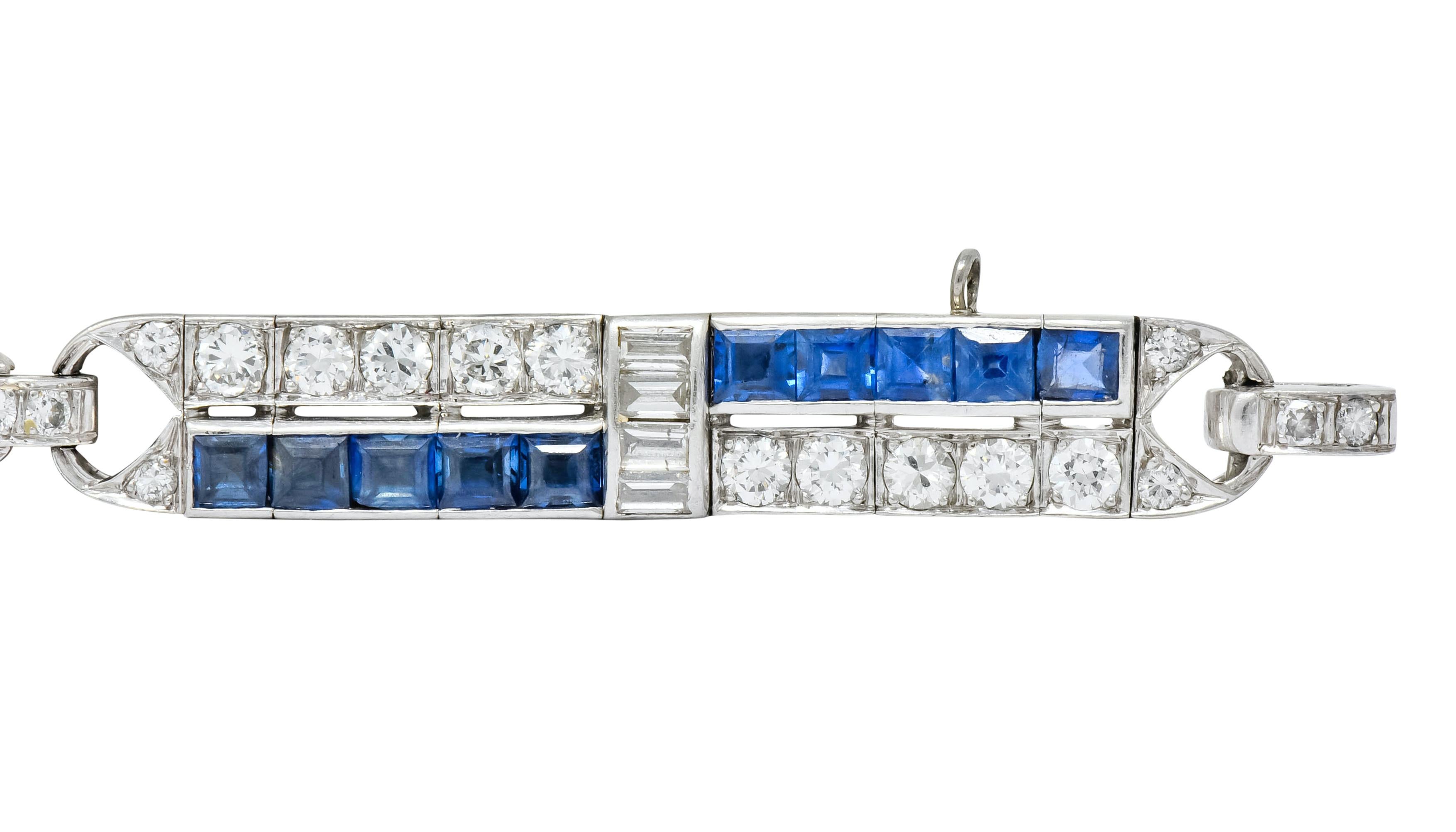 Art Deco 9.50 Carat Diamond Sapphire Platinum Geometric Linked Line Bracelet 1