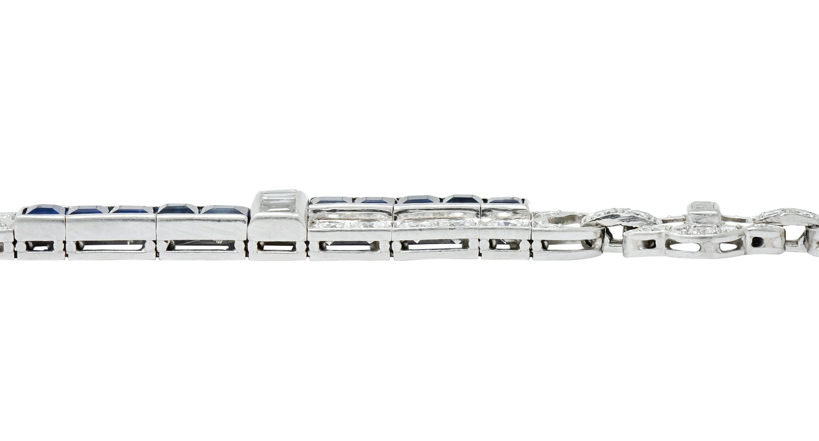 Art Deco 9.50 Carat Diamond Sapphire Platinum Geometric Linked Line Bracelet 2