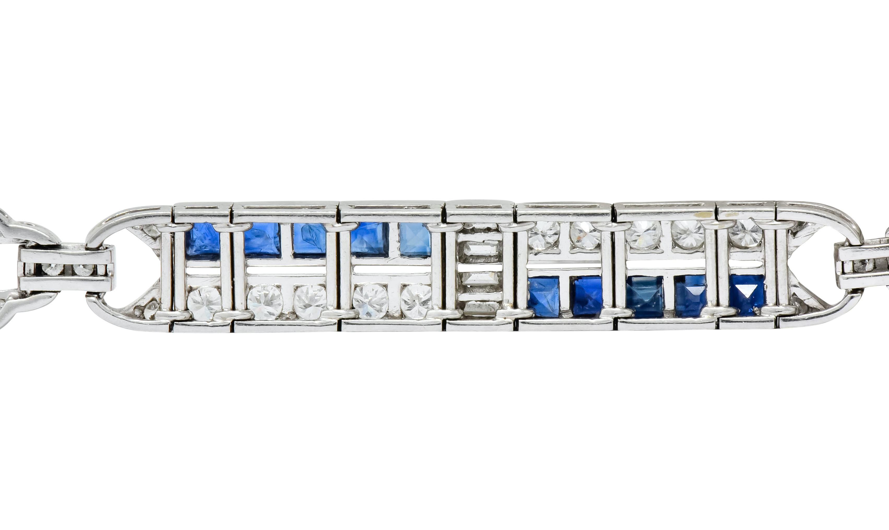 Art Deco 9.50 Carat Diamond Sapphire Platinum Geometric Linked Line Bracelet 3