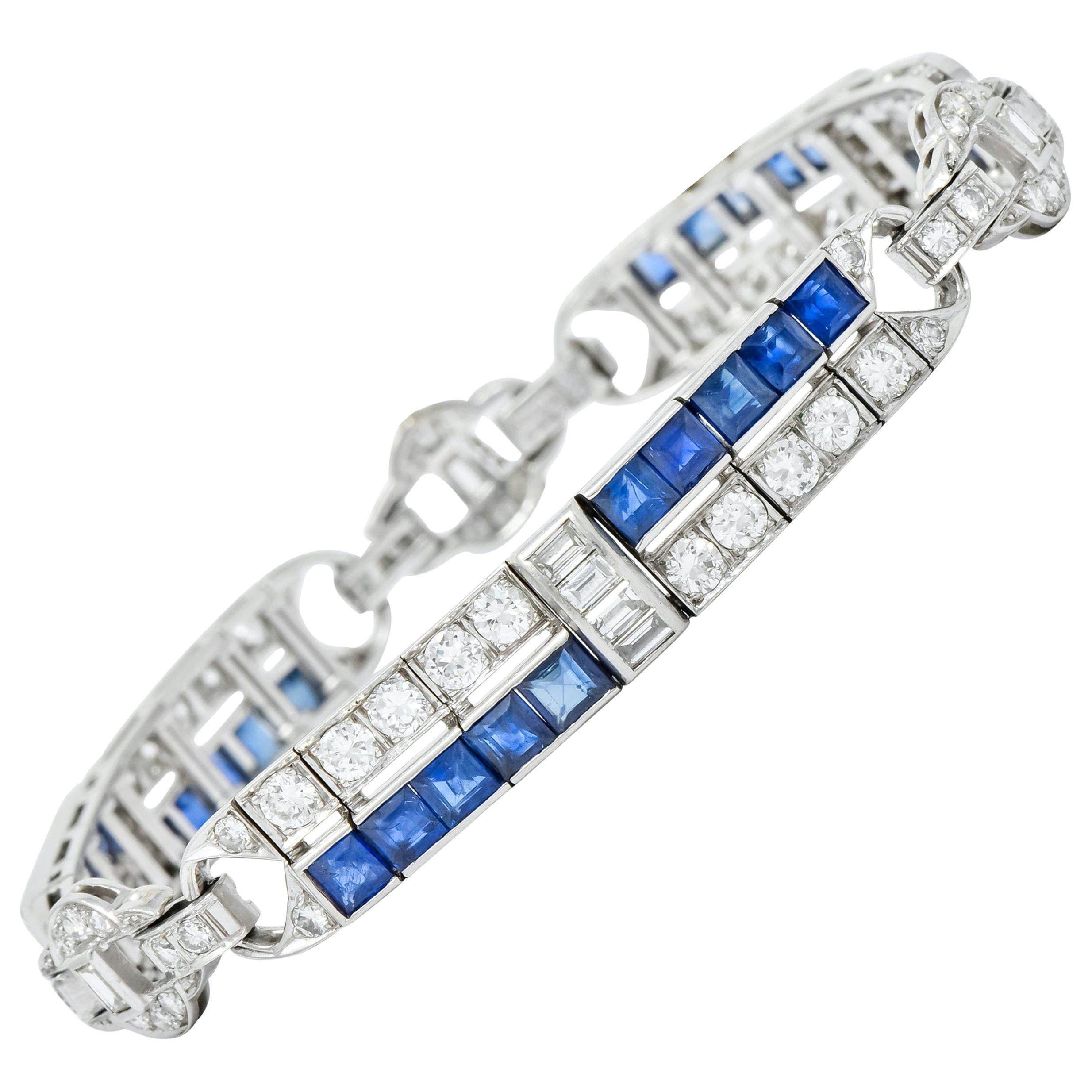 Art Deco 9.50 Carat Diamond Sapphire Platinum Geometric Linked Line Bracelet