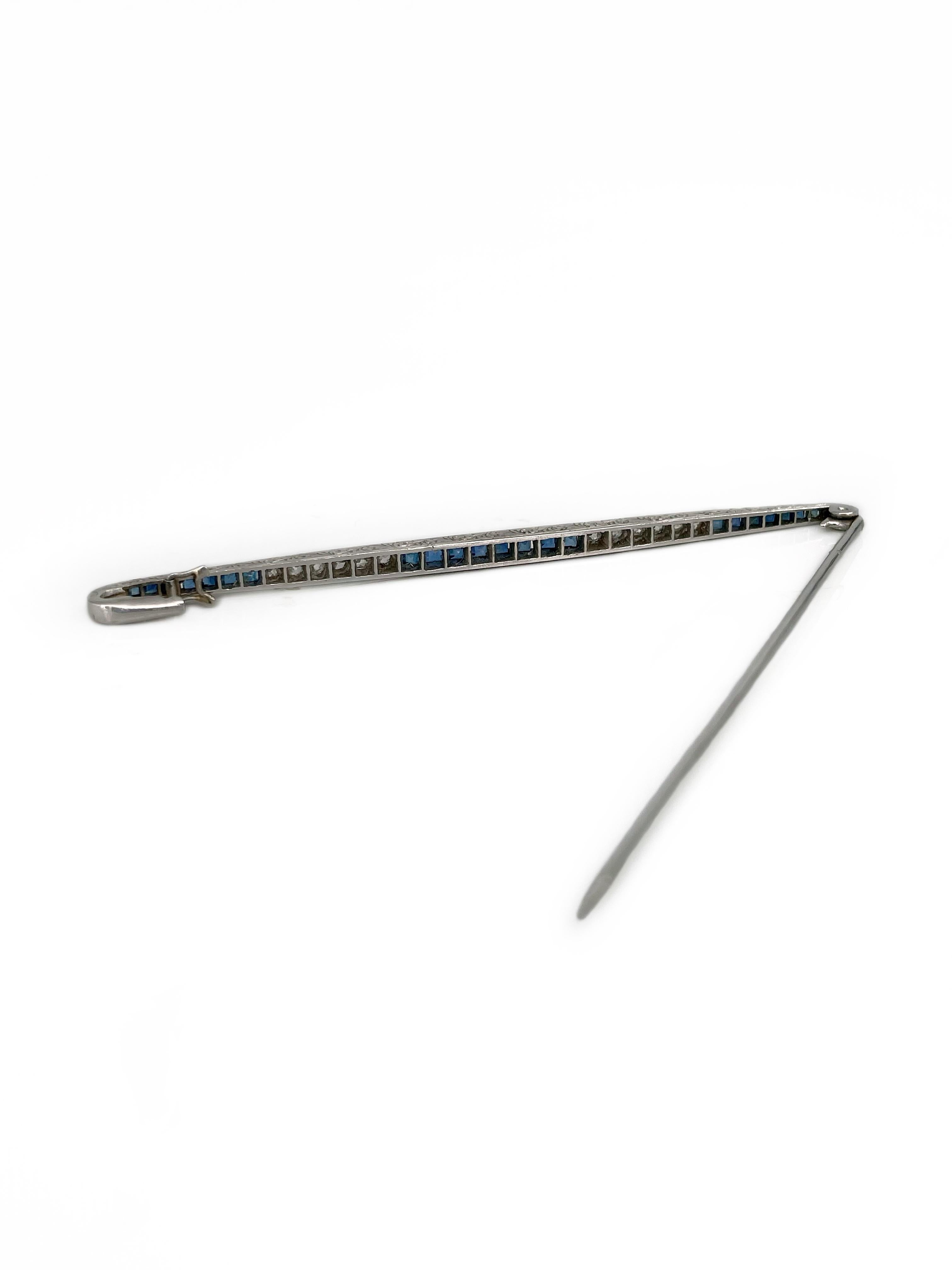 Art Deco 950 Platin 0,90 Karat Saphir 0,28 Karat Altschliff Diamant Bar Brosche im Zustand „Gut“ im Angebot in Vilnius, Vilniaus apskr.
