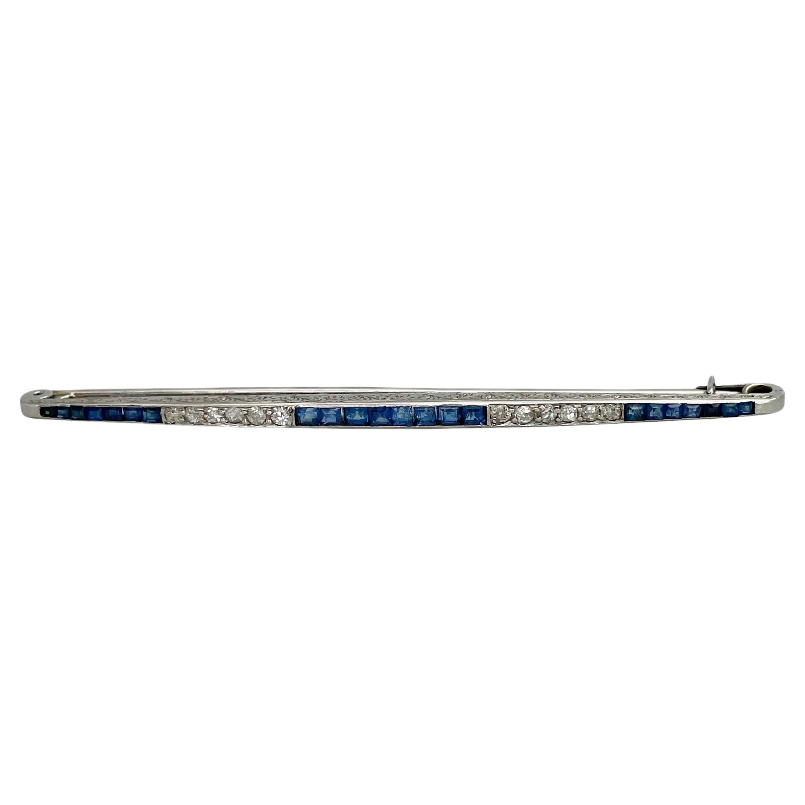Art Deco 950 Platinum 0.90 Carat Sapphire 0.28 Carat Old Cut Diamond Bar Brooch