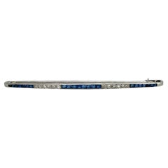 Antique Art Deco 950 Platinum 0.90 Carat Sapphire 0.28 Carat Old Cut Diamond Bar Brooch