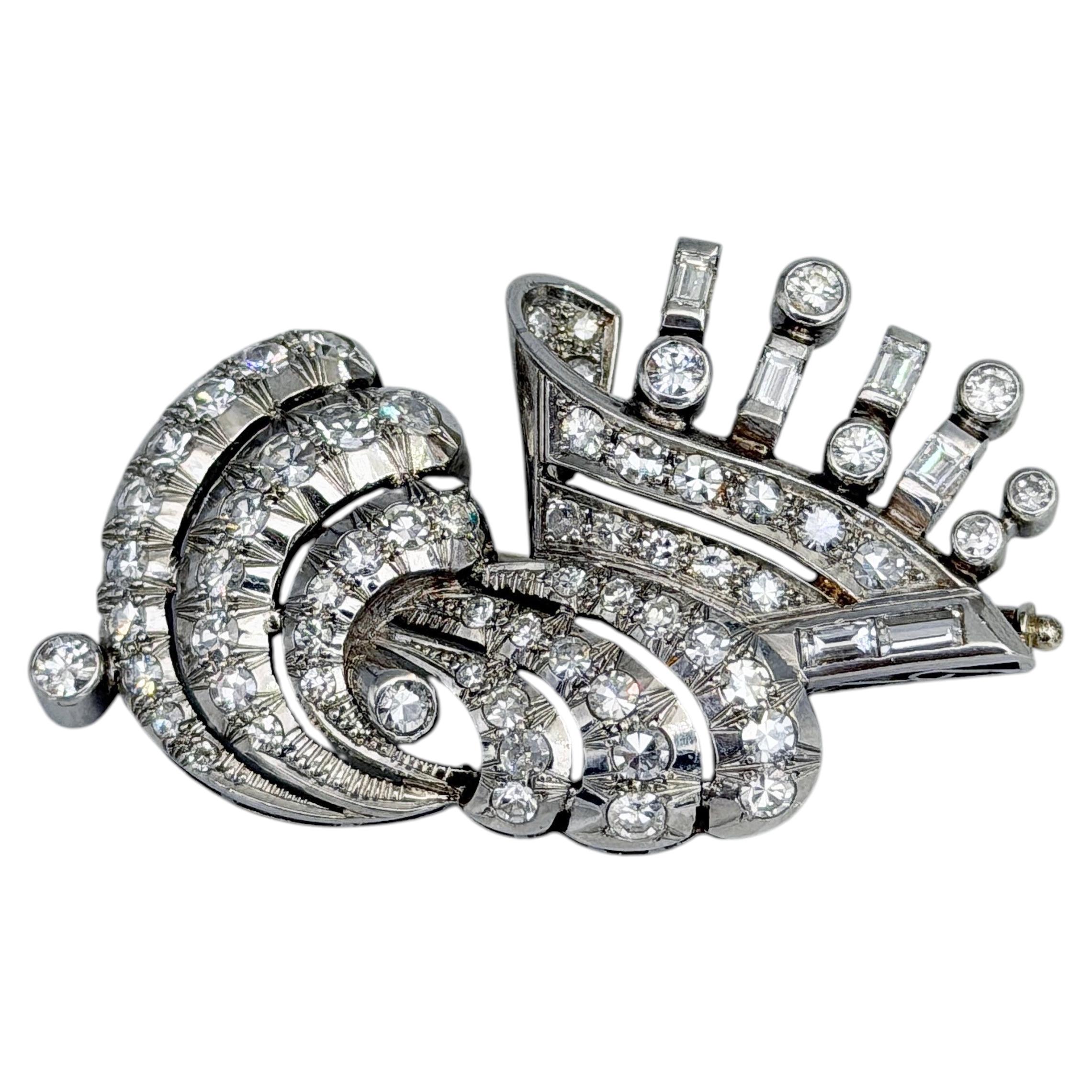 Art Deco 950 Platinum TW 2.99 Carat Diamond Geometric Swirl Pin Brooch