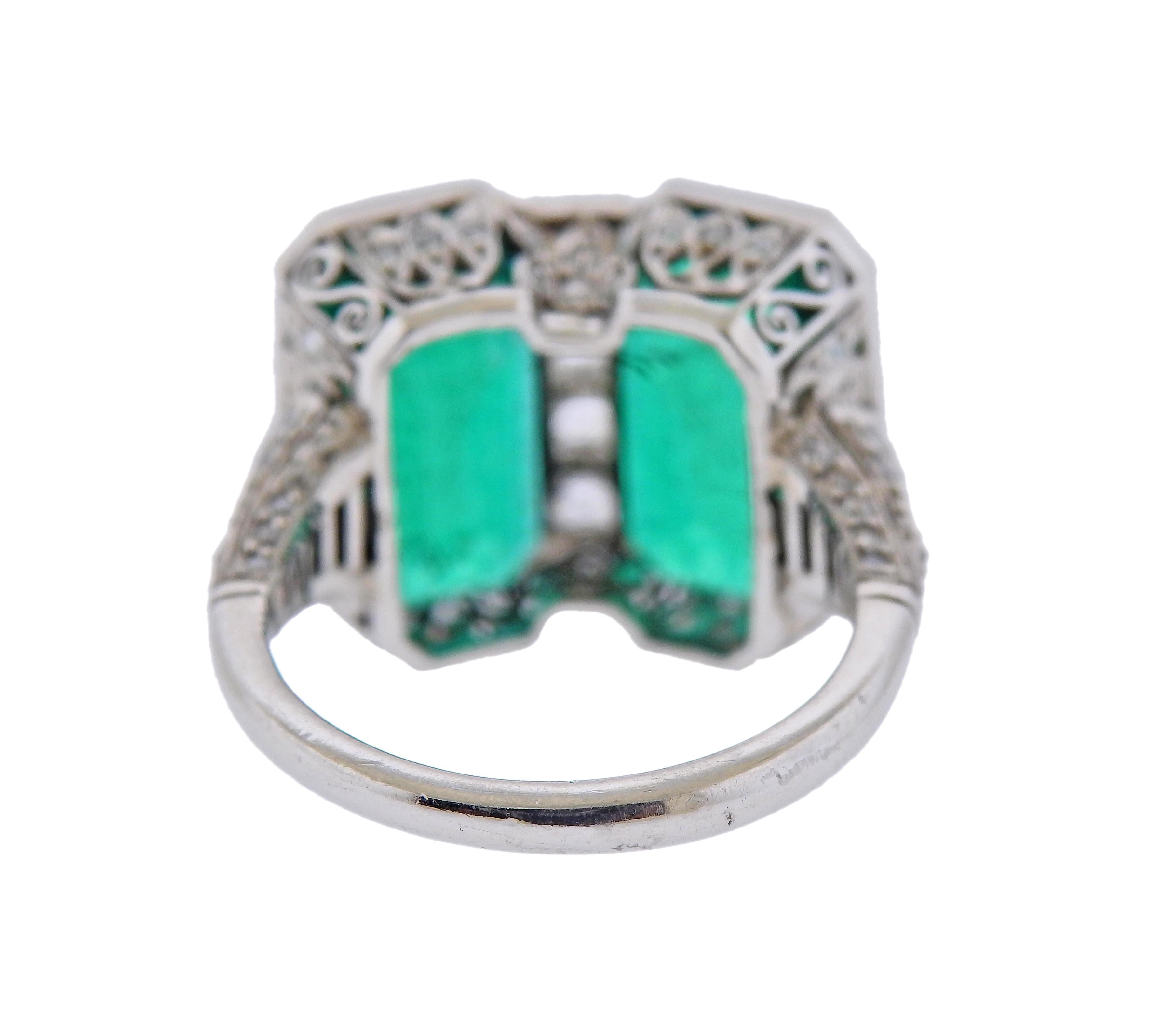 Emerald Cut Art Deco 9.55 Carat Emerald Diamond Platinum Ring