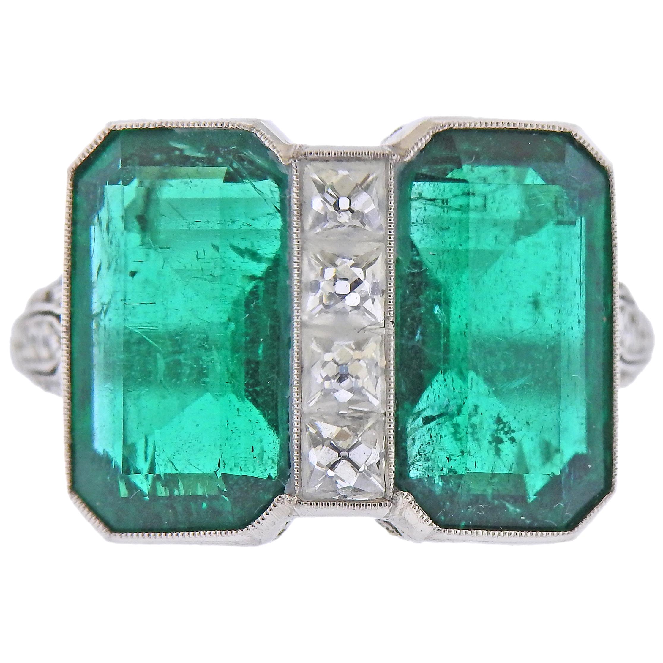 Art Deco 9.55 Carat Emerald Diamond Platinum Ring