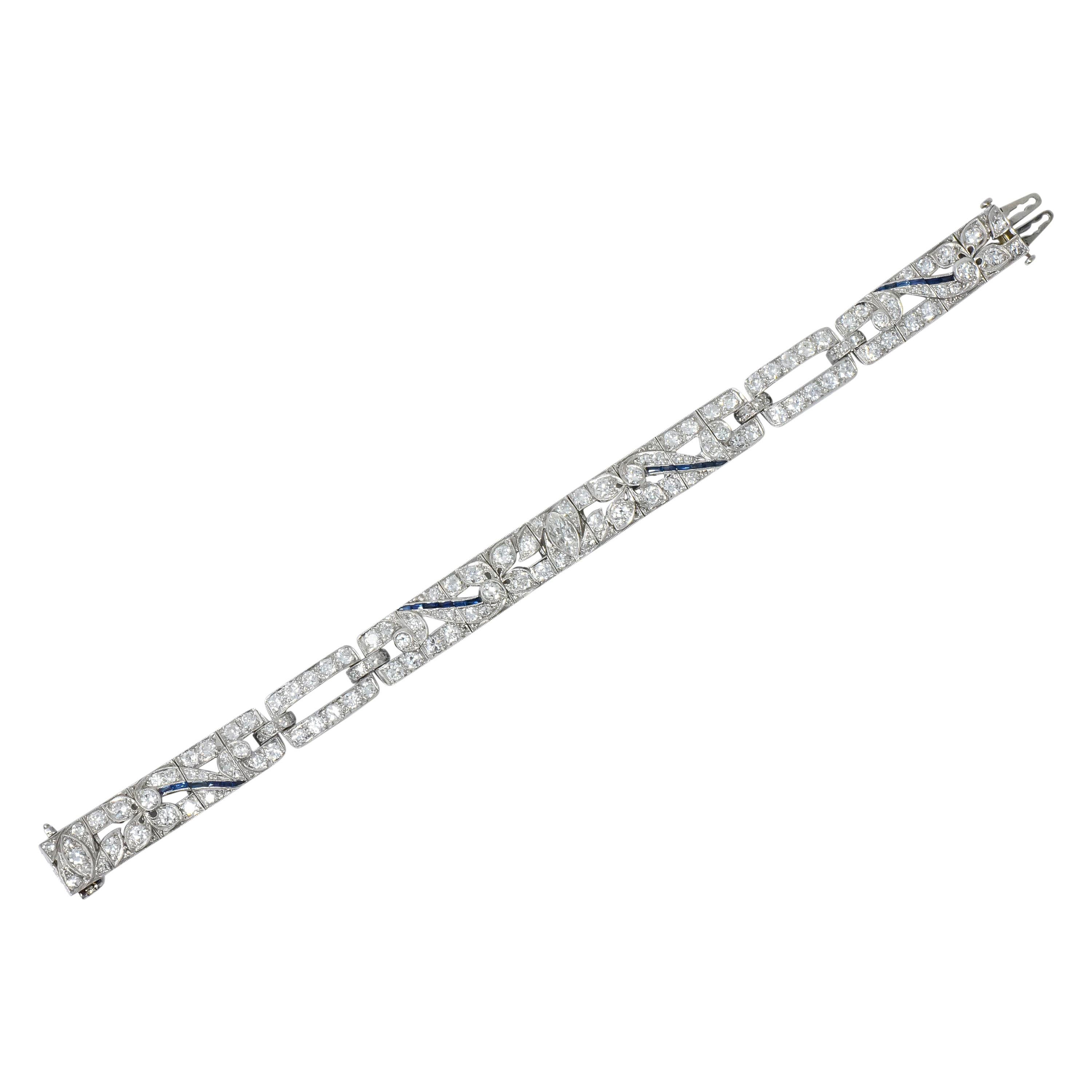 Art Deco 9.58 Carat Diamond Sapphire Platinum Floral Bracelet