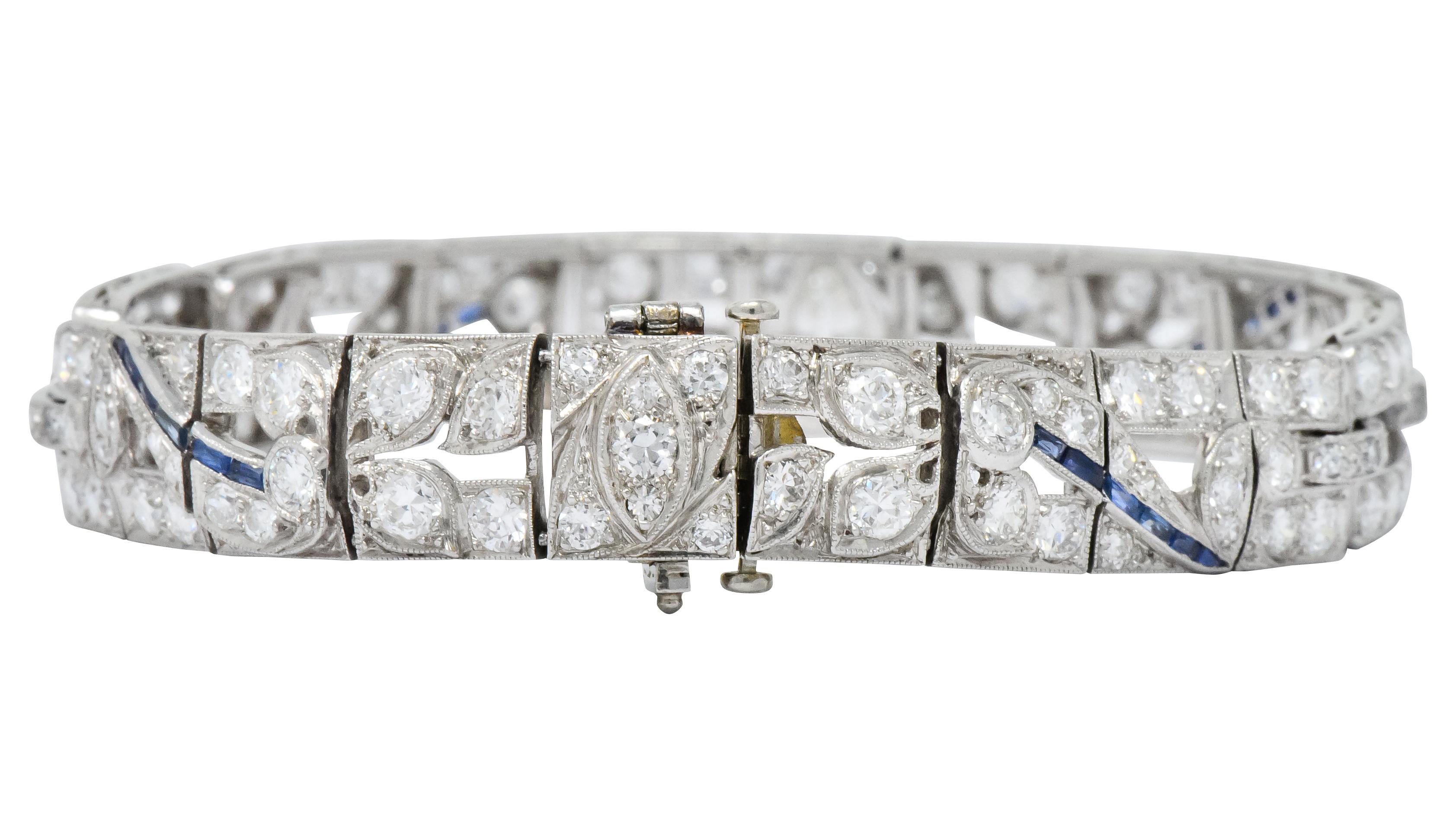 Brilliant Cut Art Deco 9.58 Carat Diamond Sapphire Platinum Floral Bracelet