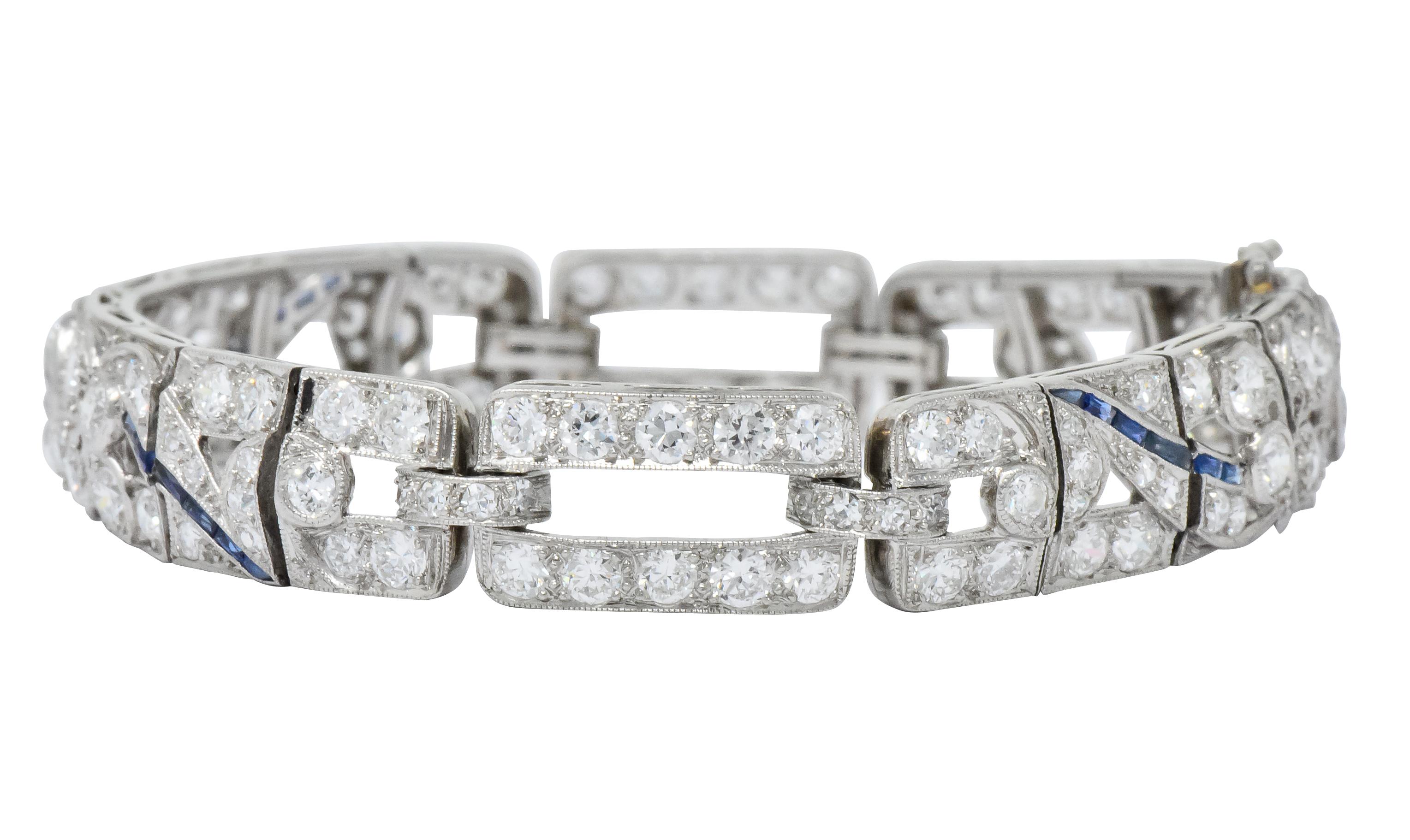 Art Deco 9.58 Carat Diamond Sapphire Platinum Floral Bracelet In Excellent Condition In Philadelphia, PA