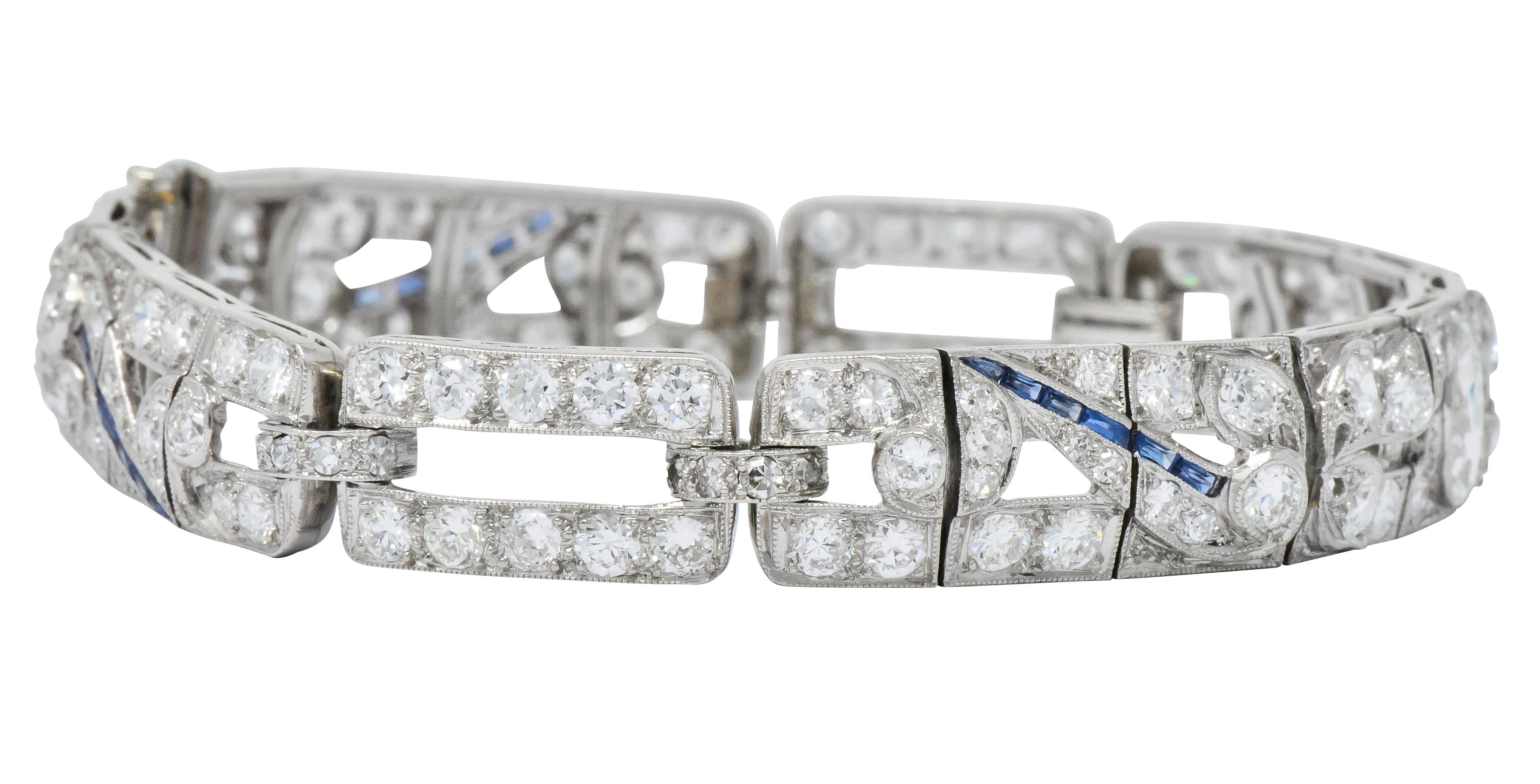 Art Deco 9.58 Carat Diamond Sapphire Platinum Floral Bracelet 2