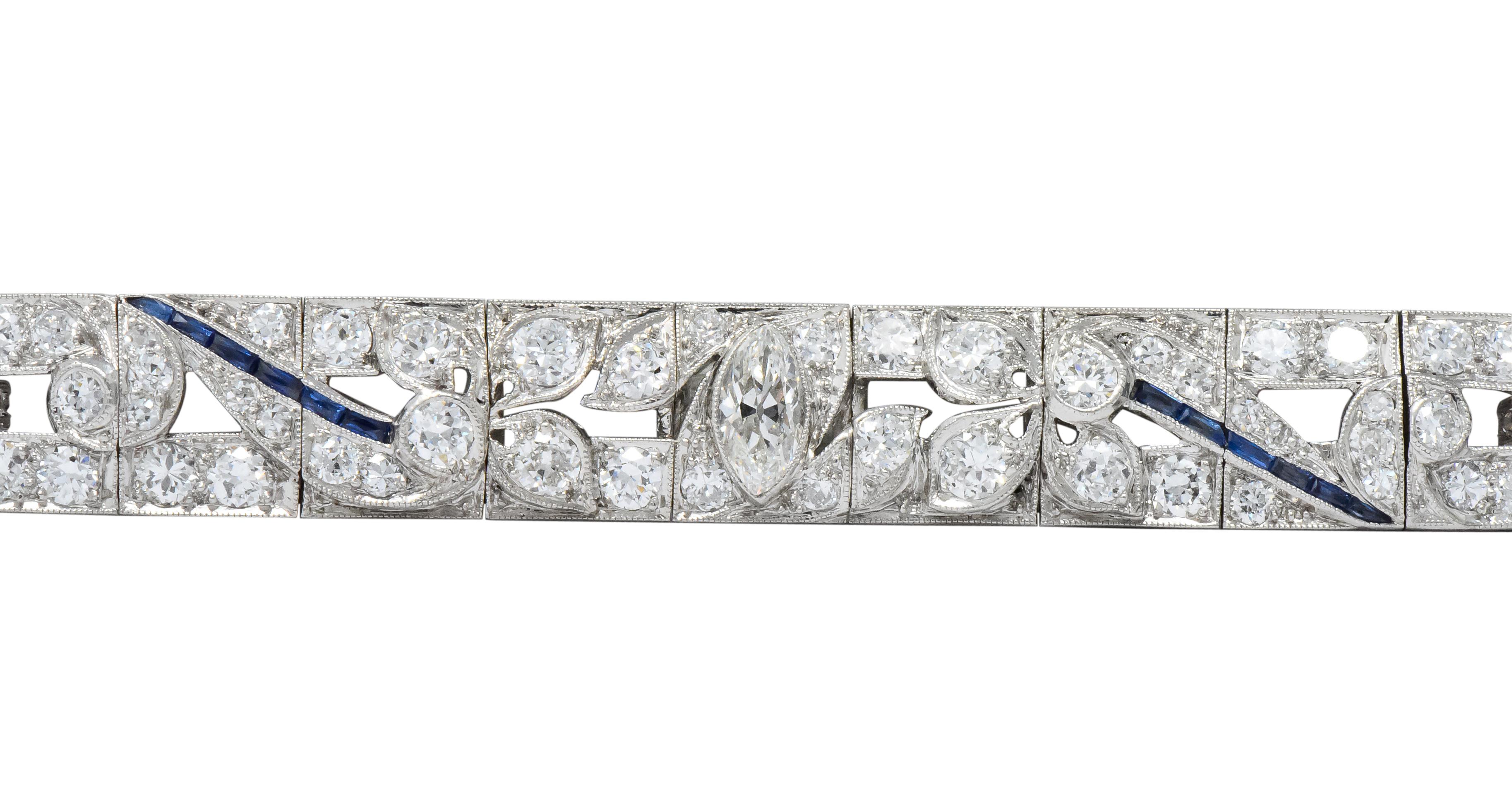 Women's or Men's Art Deco 9.58 Carat Diamond Sapphire Platinum Floral Bracelet