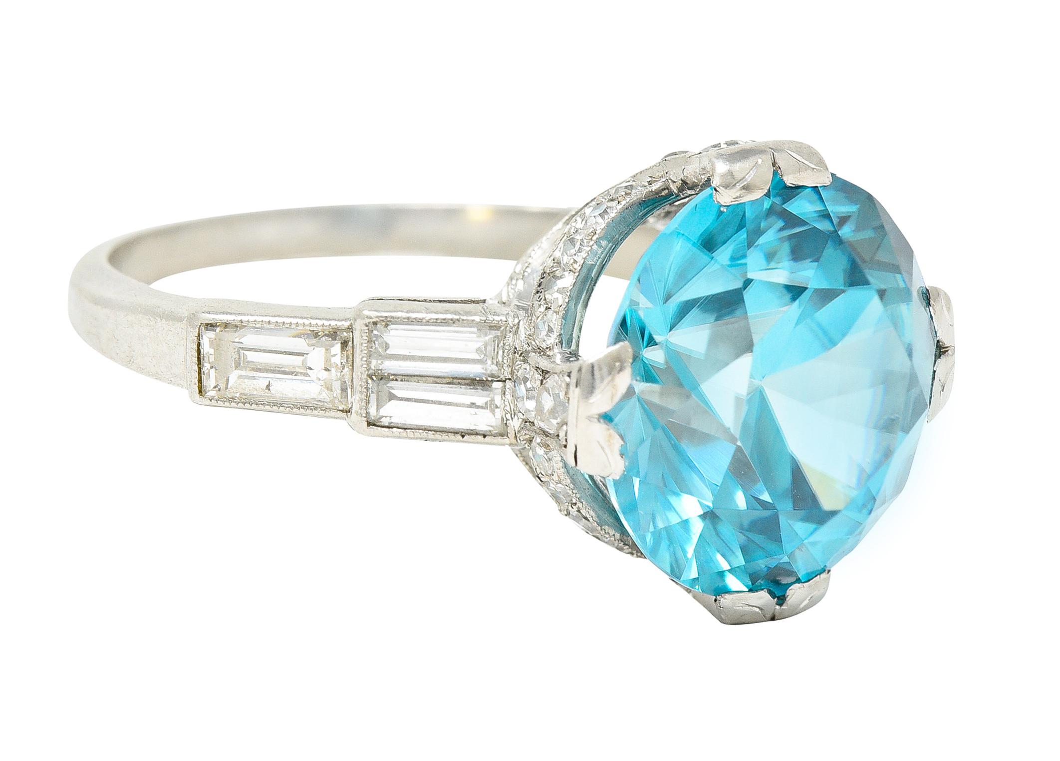 Round Cut Art Deco 9.64 Carats Zircon Diamond Platinum Stepped Gemstone Cocktail Ring For Sale