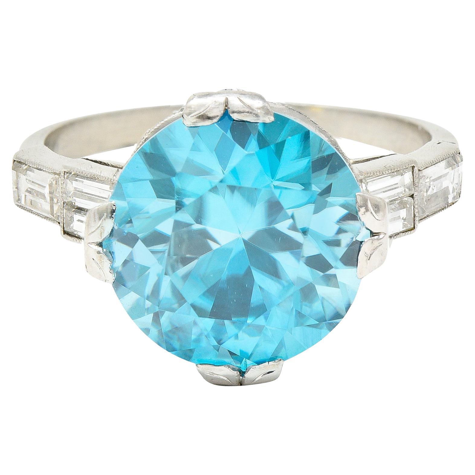 Art Deco 9.64 Carats Zircon Diamond Platinum Stepped Gemstone Cocktail Ring For Sale