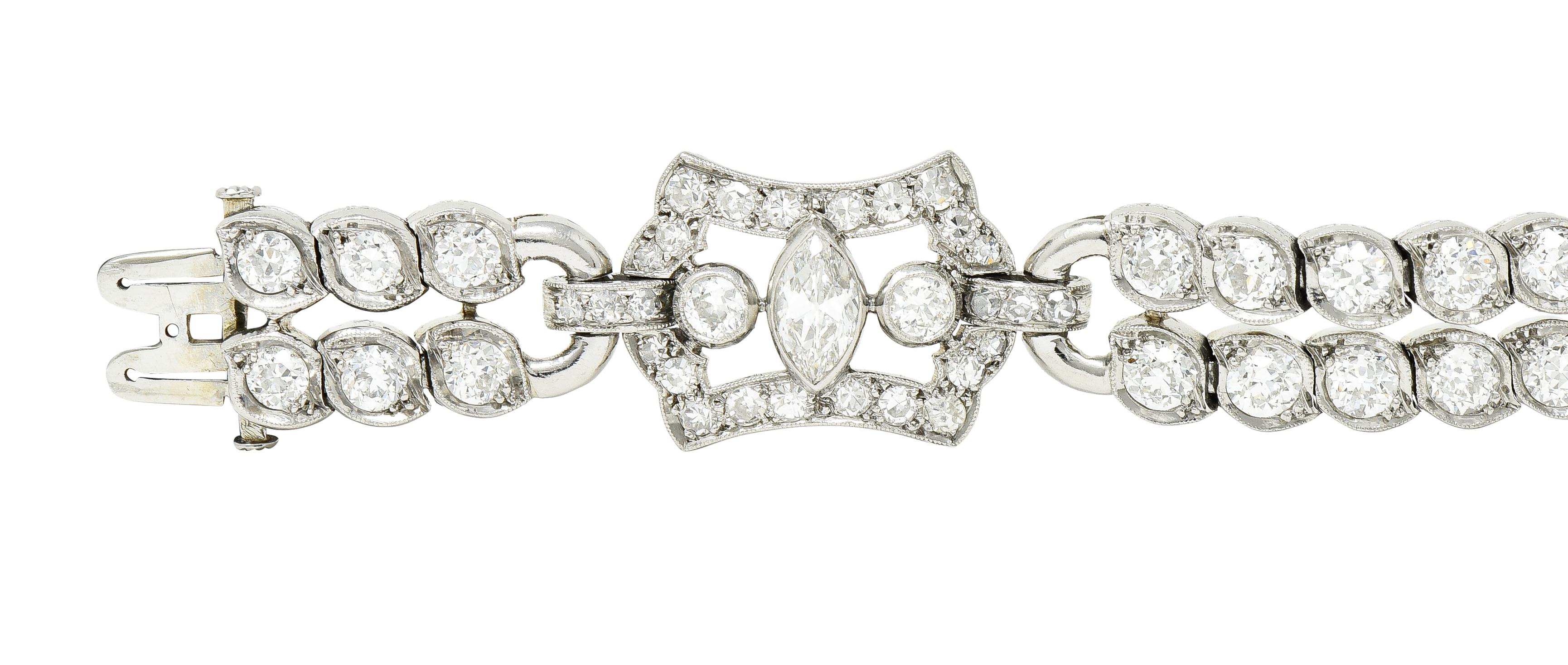 Women's or Men's Art Deco 9.69 Carats Marquise & Old European Cut Diamond Platinum Line Bracelet