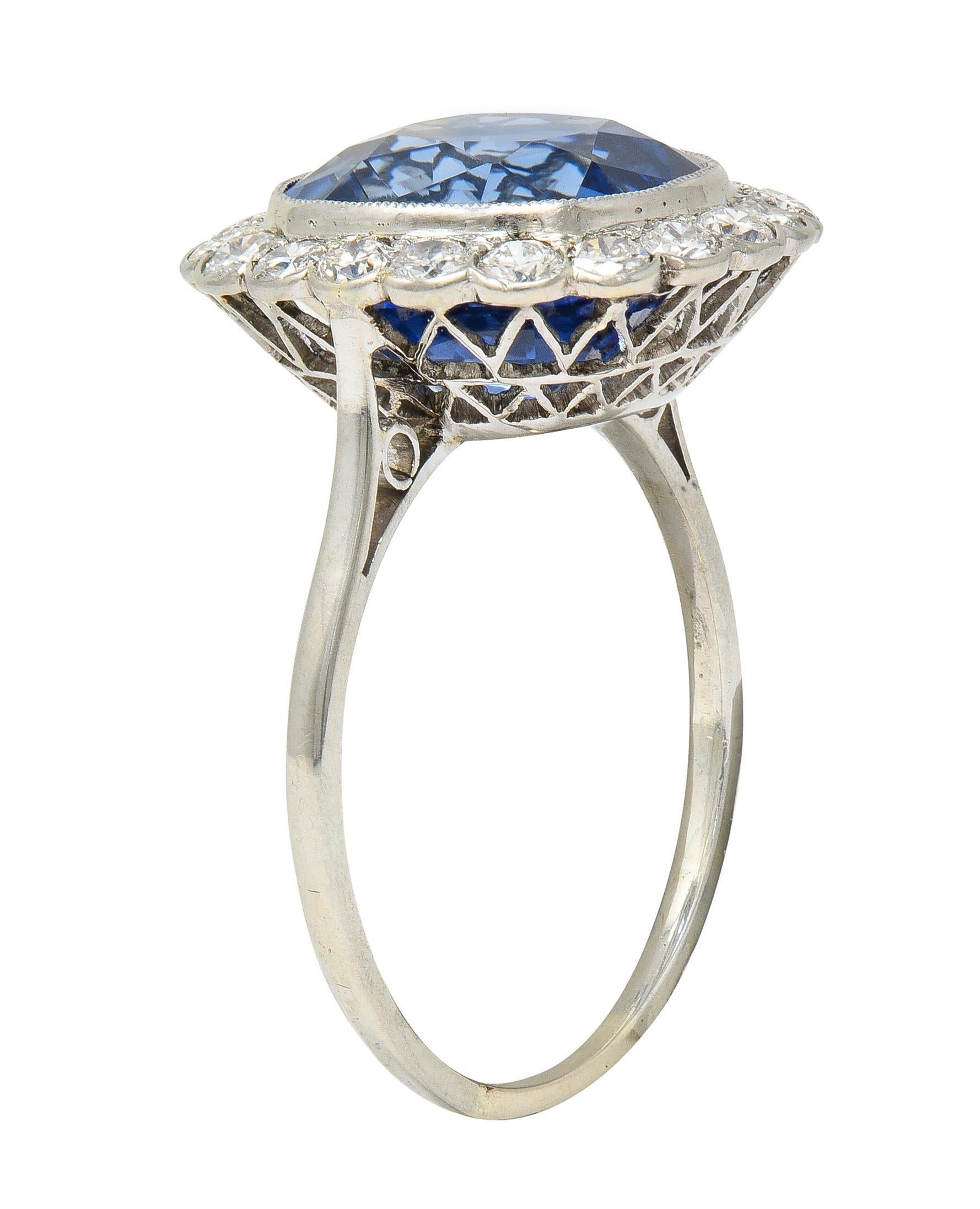 Art Deco 9.87 CTW No Heat Ceylon Sapphire Diamond Platinum Vintage Halo Ring For Sale 5