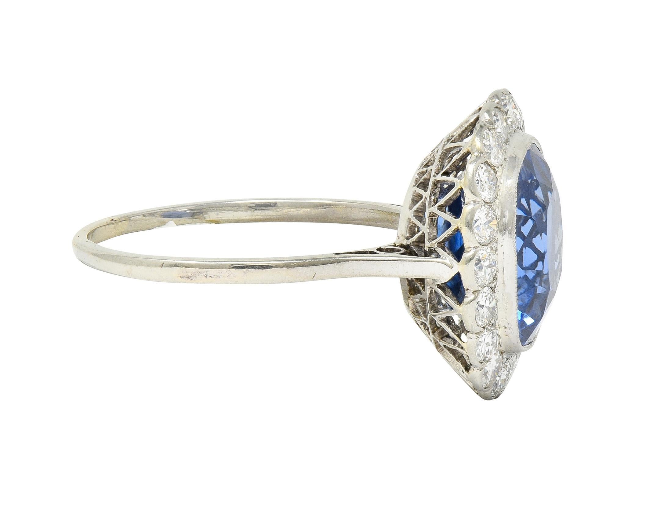Art Deco 9.87 CTW No Heat Ceylon Sapphire Diamond Platinum Vintage Halo Ring In Excellent Condition For Sale In Philadelphia, PA