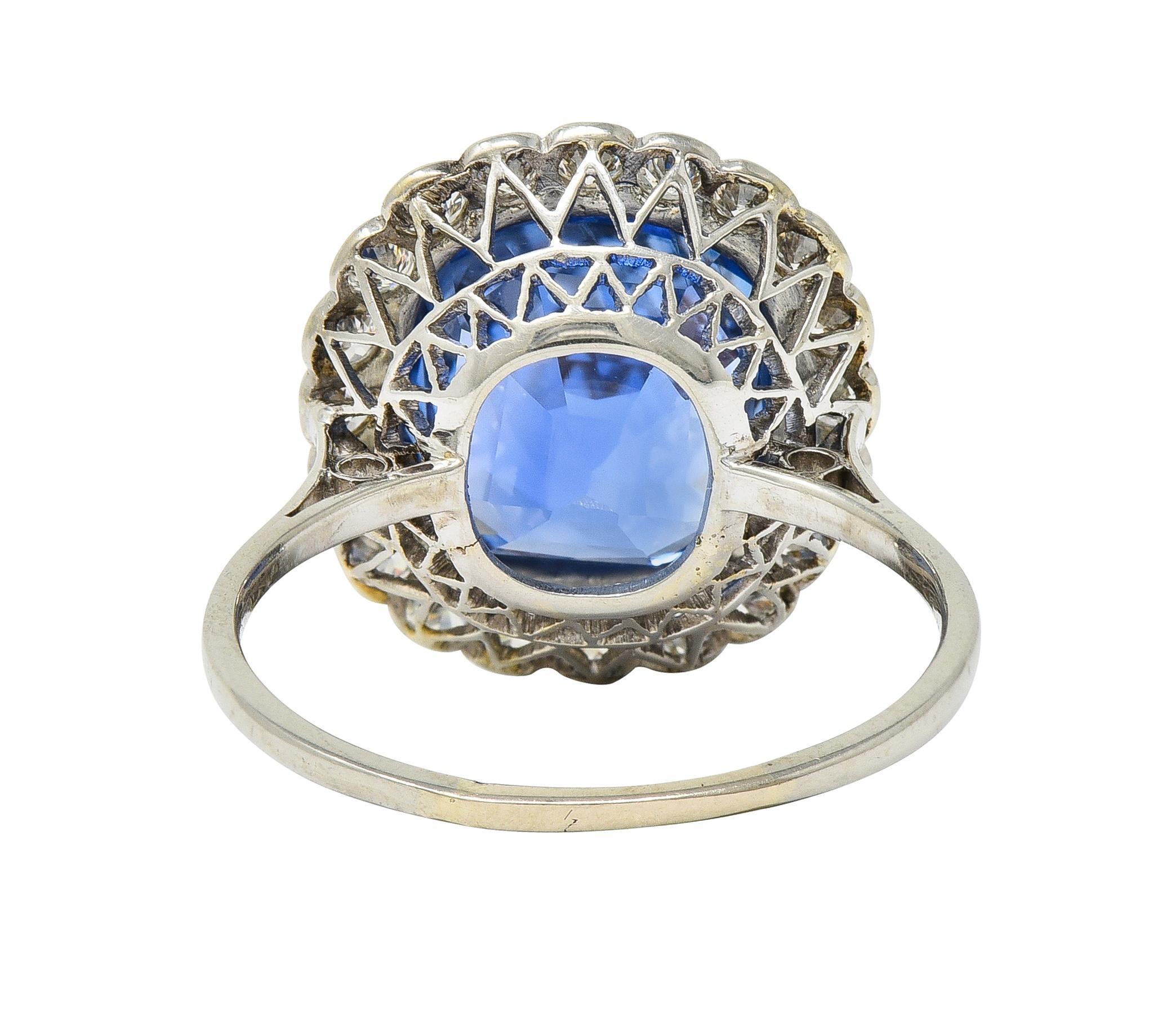 Women's or Men's Art Deco 9.87 CTW No Heat Ceylon Sapphire Diamond Platinum Vintage Halo Ring For Sale