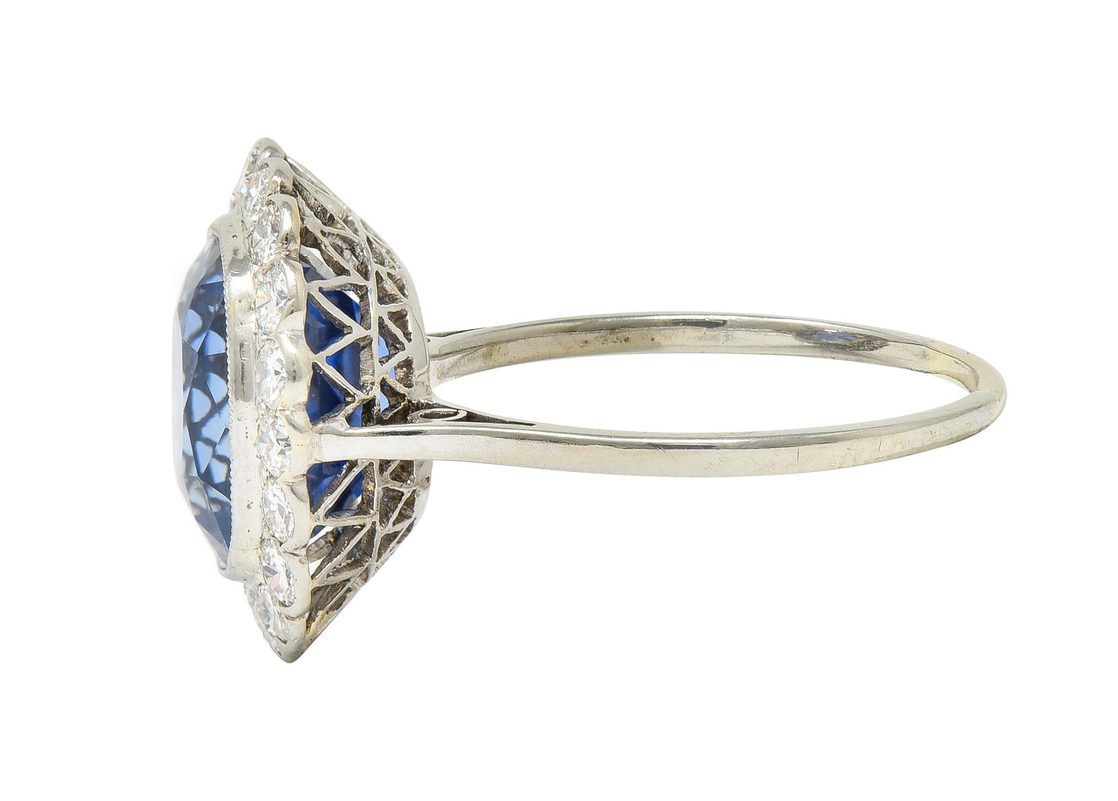 Art Deco 9.87 CTW No Heat Ceylon Sapphire Diamond Platinum Vintage Halo Ring For Sale 1