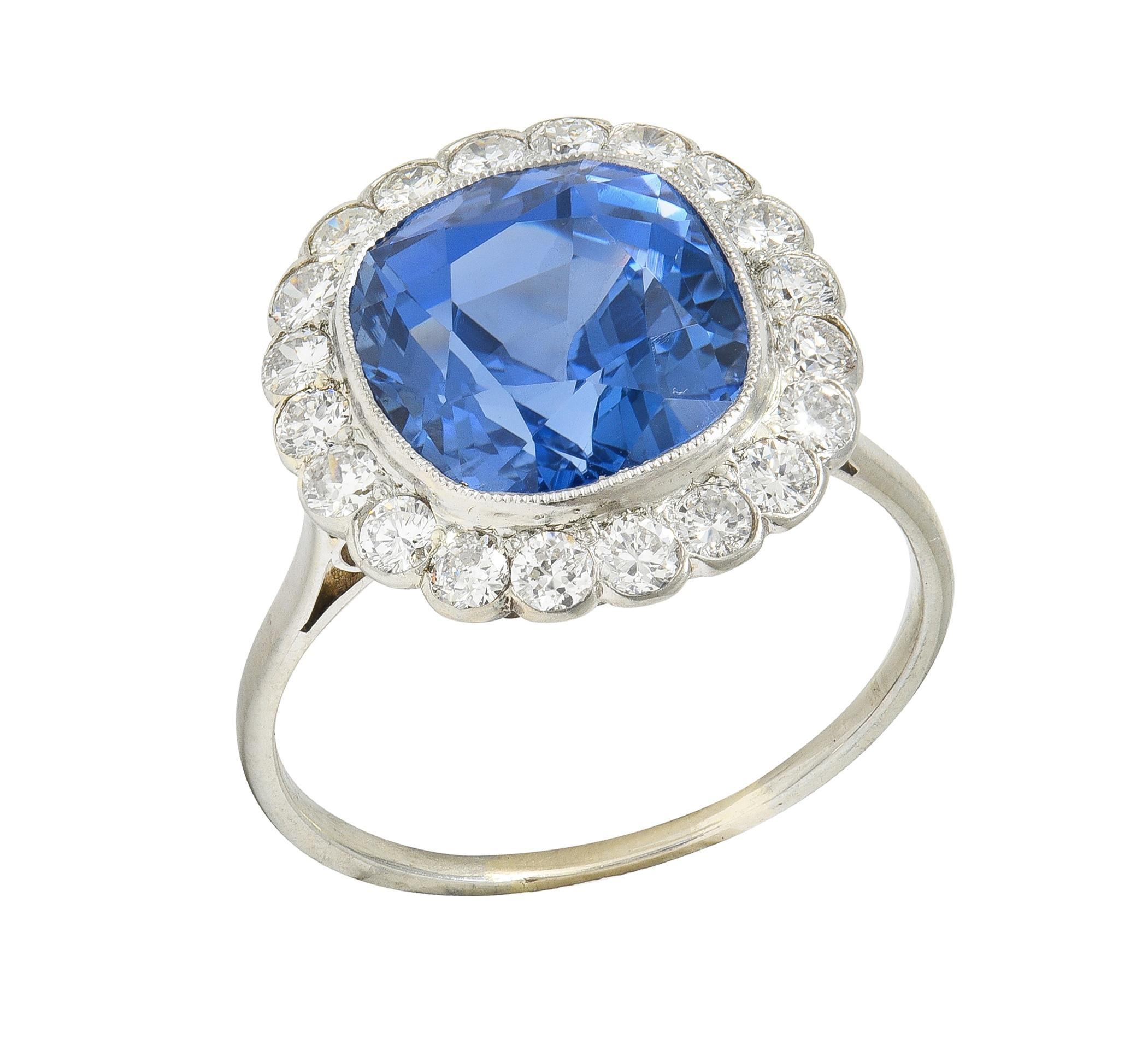 Art Deco 9.87 CTW No Heat Ceylon Sapphire Diamond Platinum Vintage Halo Ring For Sale 3