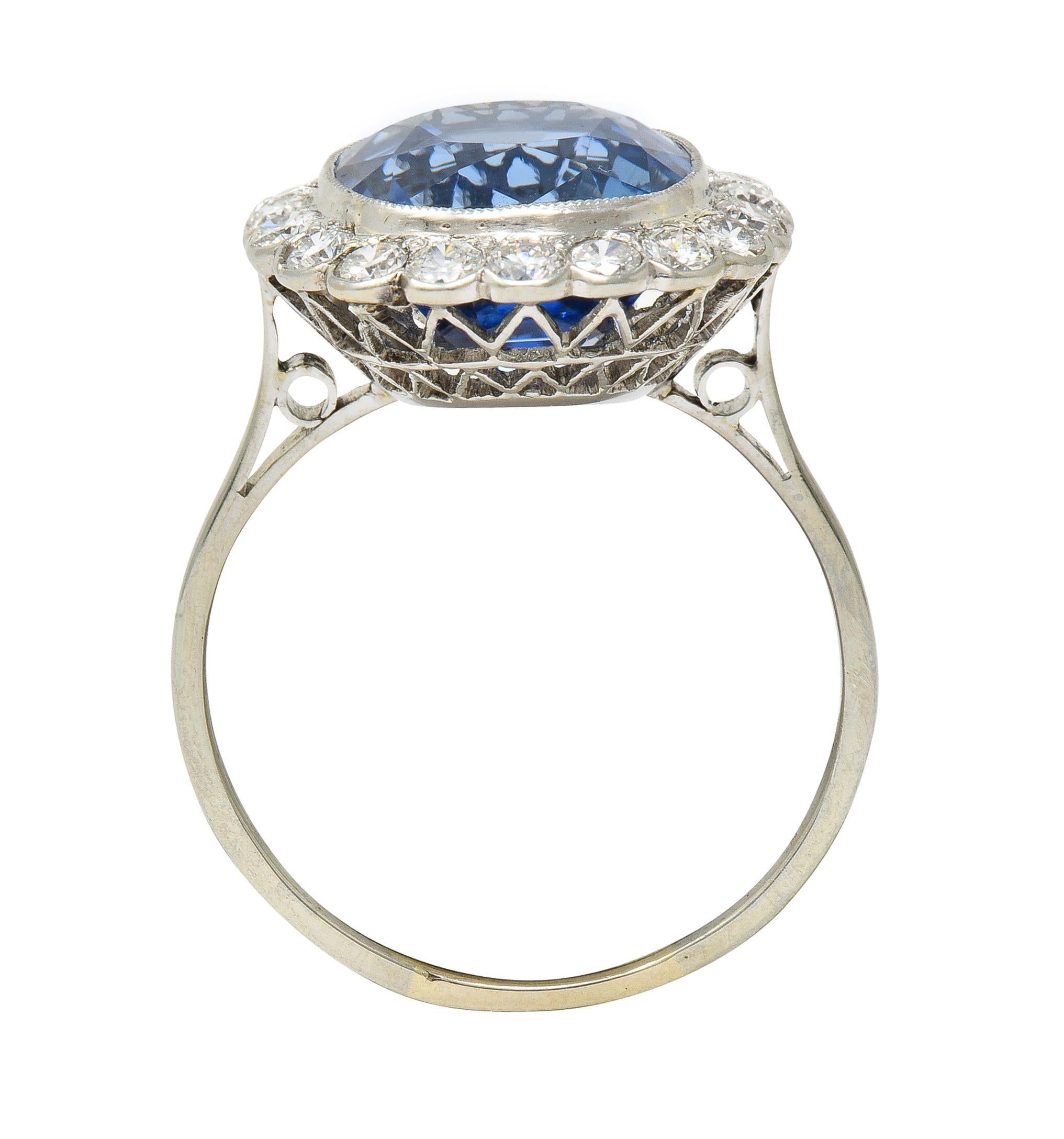 Art Deco 9.87 CTW No Heat Ceylon Sapphire Diamond Platinum Vintage Halo Ring For Sale 4