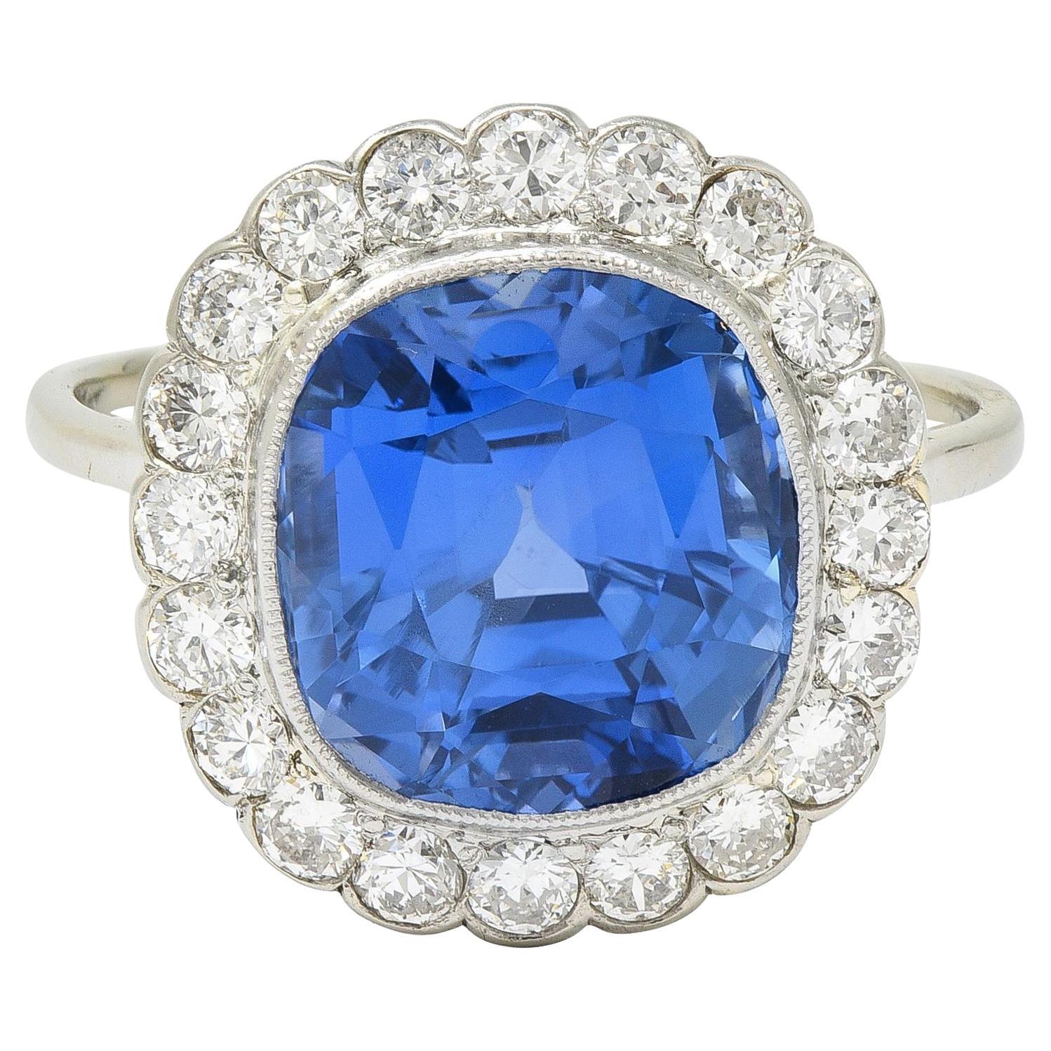 Art Deco 9.87 CTW No Heat Ceylon Sapphire Diamond Platinum Vintage Halo Ring For Sale